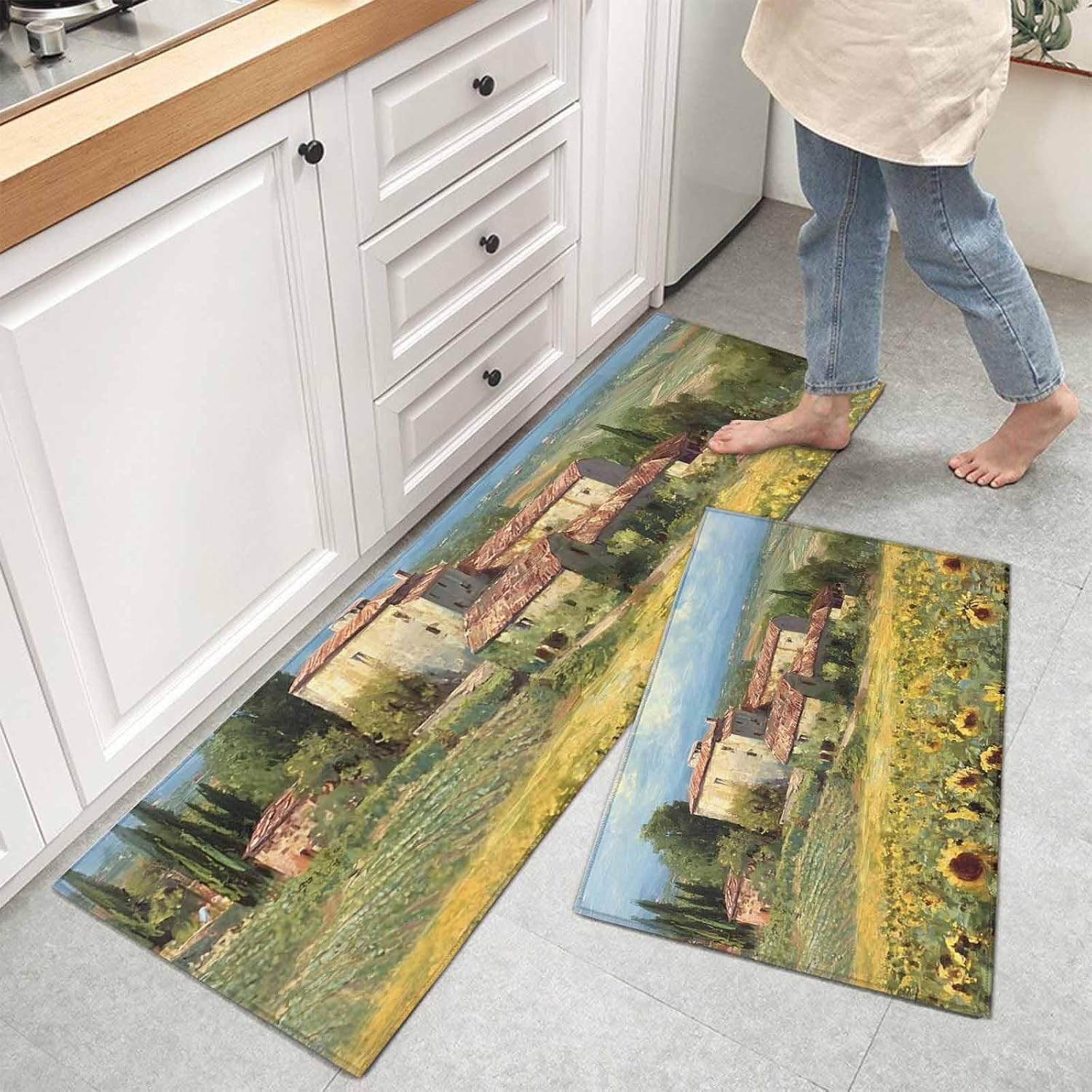 Kitchen Mats for Floor Farmhouse Sunflower Field Washable Non Slip Kitchen Rugs 2PCS, Rustic Natural Scene Oil Painting Absorbent Standing Mats for Sink Office Living Room 15.7x23.6in+15.7x47.2in