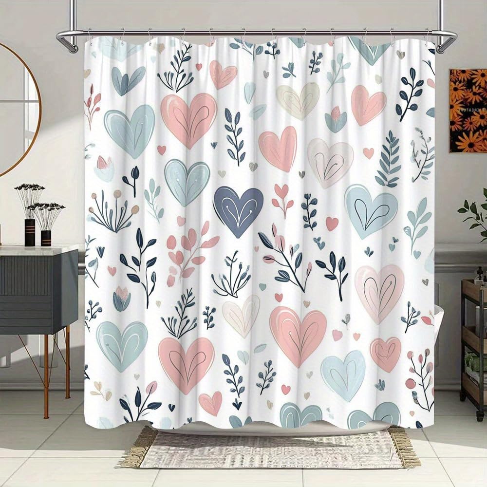 GLKSDLPO Watercolor Heart Shower Curtain - Pink, Blue & Beige Hearts with Stylized Leaves on White Wet Room Shower Curtains(120x280cm/47x110in(WxH)
