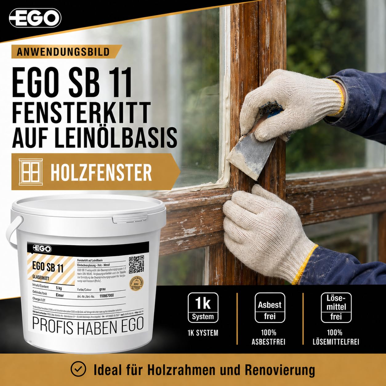 EGO SB 11 Fensterkitt GRAU - 25 kg Metallkübel - Dichtmasse auf Leinölbasis für Einfachverglasung in Holz- und Metallrahmen, lösemittelfrei & asbestfrei