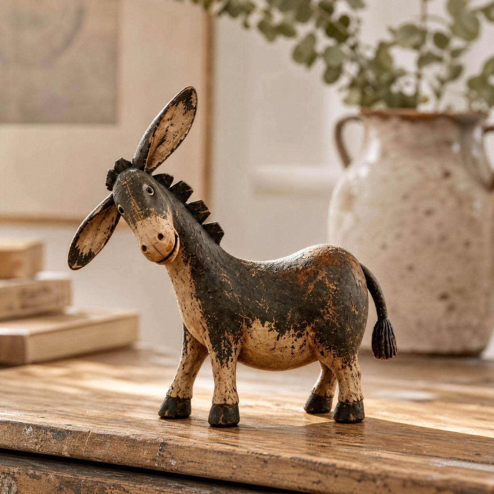Tilted Head Donkey Figurine, Handcrafted Resin Animal Statue with Distressed Finish, Rustic Farmhouse Decor for Mantel Shelf Desk Entryway, Whimsical Donkey Ornament for Home Office Decoration，Grey