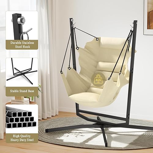 Miniatura 6 de MICEPLAY Hamaca giratoria de 360 con soporte, cómoda silla colgante con cojines (capacidad de 400 libras) para uso en interiores y exteriores,