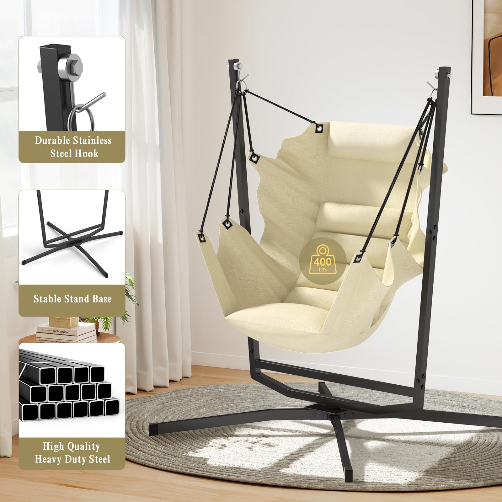 Hängesessel mit Gestell, Outdoor & Indoor Hängeschaukel, Hängestuhl 360° Drehung Hängesessel mit Gestell & Kissen, 180kg Traglast, für Wohnzimmer- Schlafzimmer, Garten Balkon Terrasse (Beige)