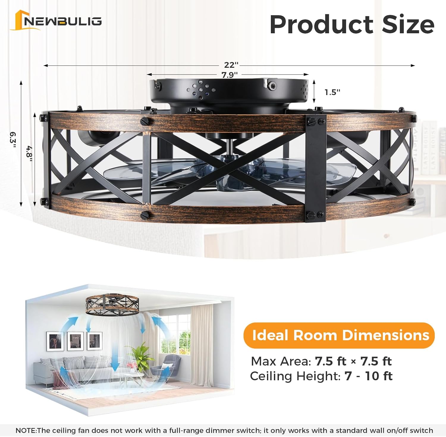 NEWBULIG Ceiling Fans with Remote, 22 Inch Farmhouse Ceiling Fan, Low Profile Caged Fandelier with 6 Wind Speeds, Flush Mount for Bedroom, Living Room, Kitchen, Bulbs Not Included, Gold