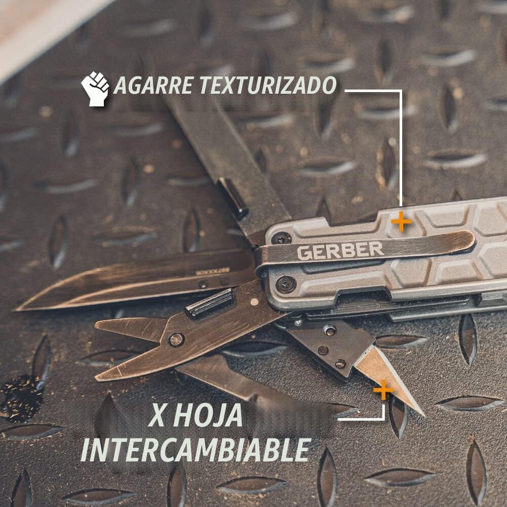 Gerber Herramienta multifunción con 10 funciones, Cuchillo de hoja lisa, LockDown Pry, Aluminio/5Cr15MoV, Gris, 31-003706