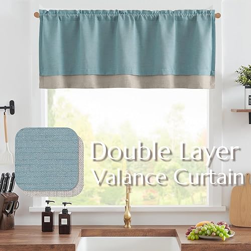 Miniatura 2 de jinchan Cortina de lino de 18 pulgadas de largo, medallón de damasco bordado, cenefa de cocina para ventanas, cenefa opaca de doble capa para sala