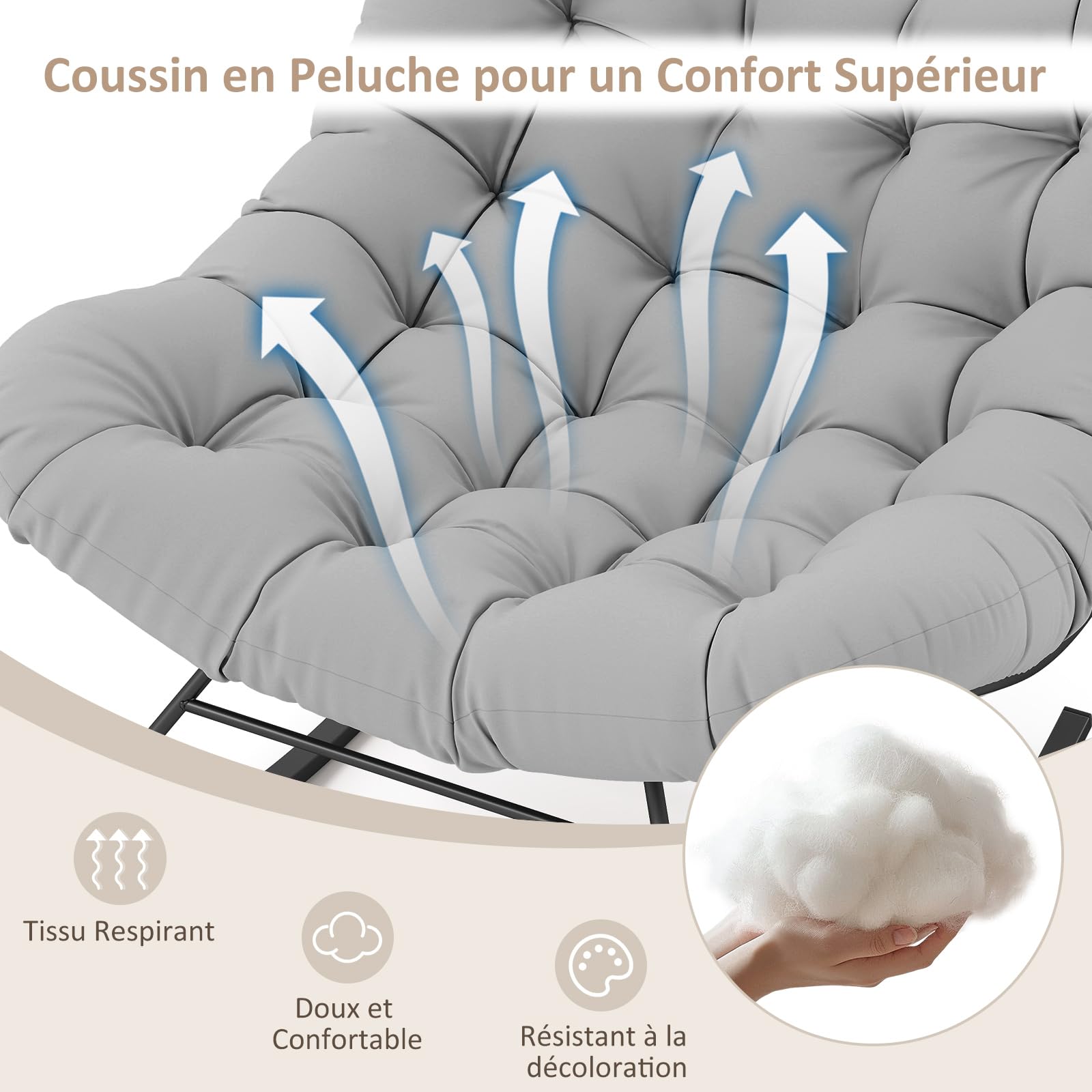 RELAX4LIFE Fauteuil à Bascule de Jardin, Chaise Papasan avec Coussin et Cadre en Métal pour Intérieur et Extérieur, Charge 205KG pour Chambre Salon Porche Jardin Terrasse (Gris) (Gris Clair)