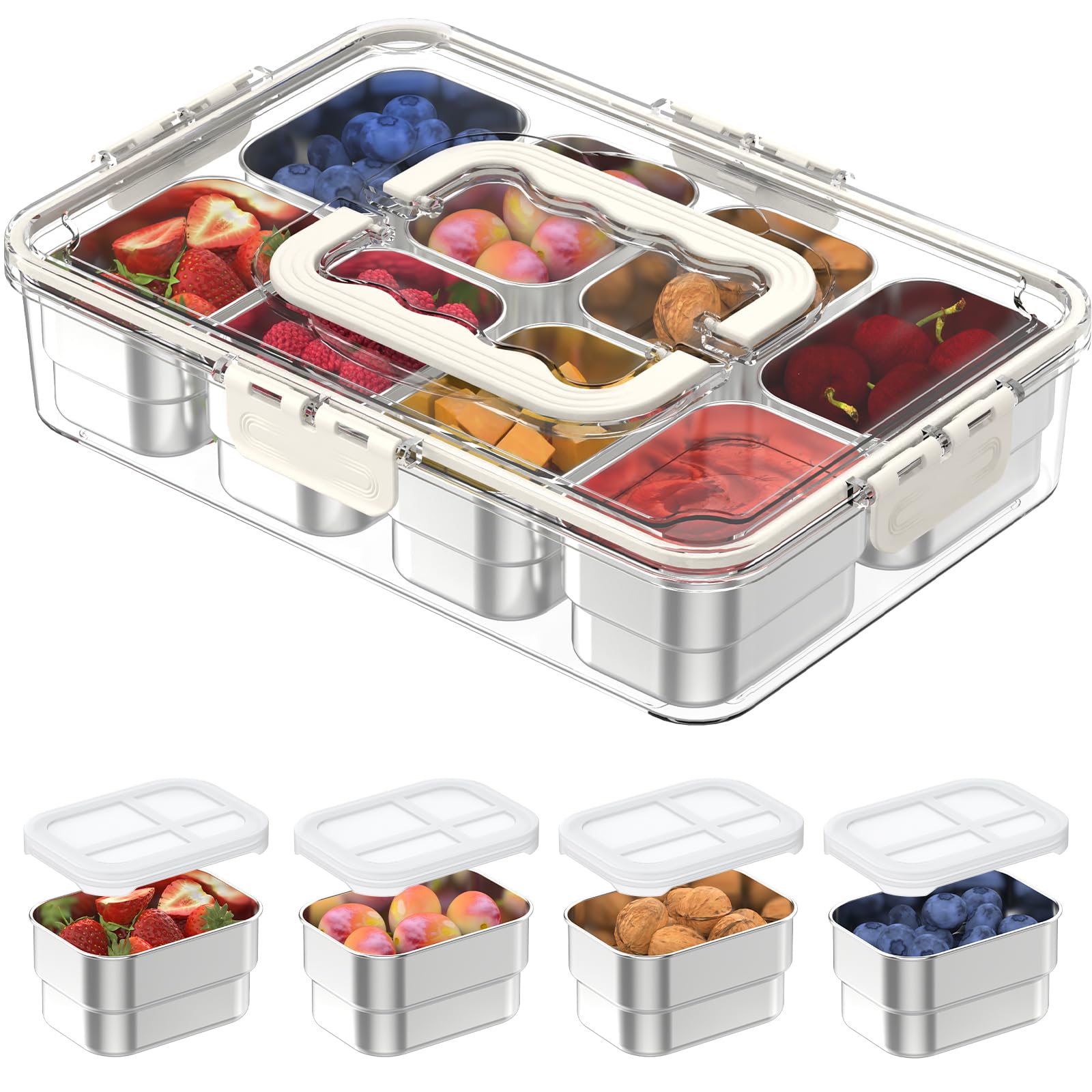 Snackle Box Container,8 Compartment Stainless Steel Food Storage with Silicone Lid & Handle,Clear Divided Fruit Nut Veggie Tray for Kitchen, Picnic, Party