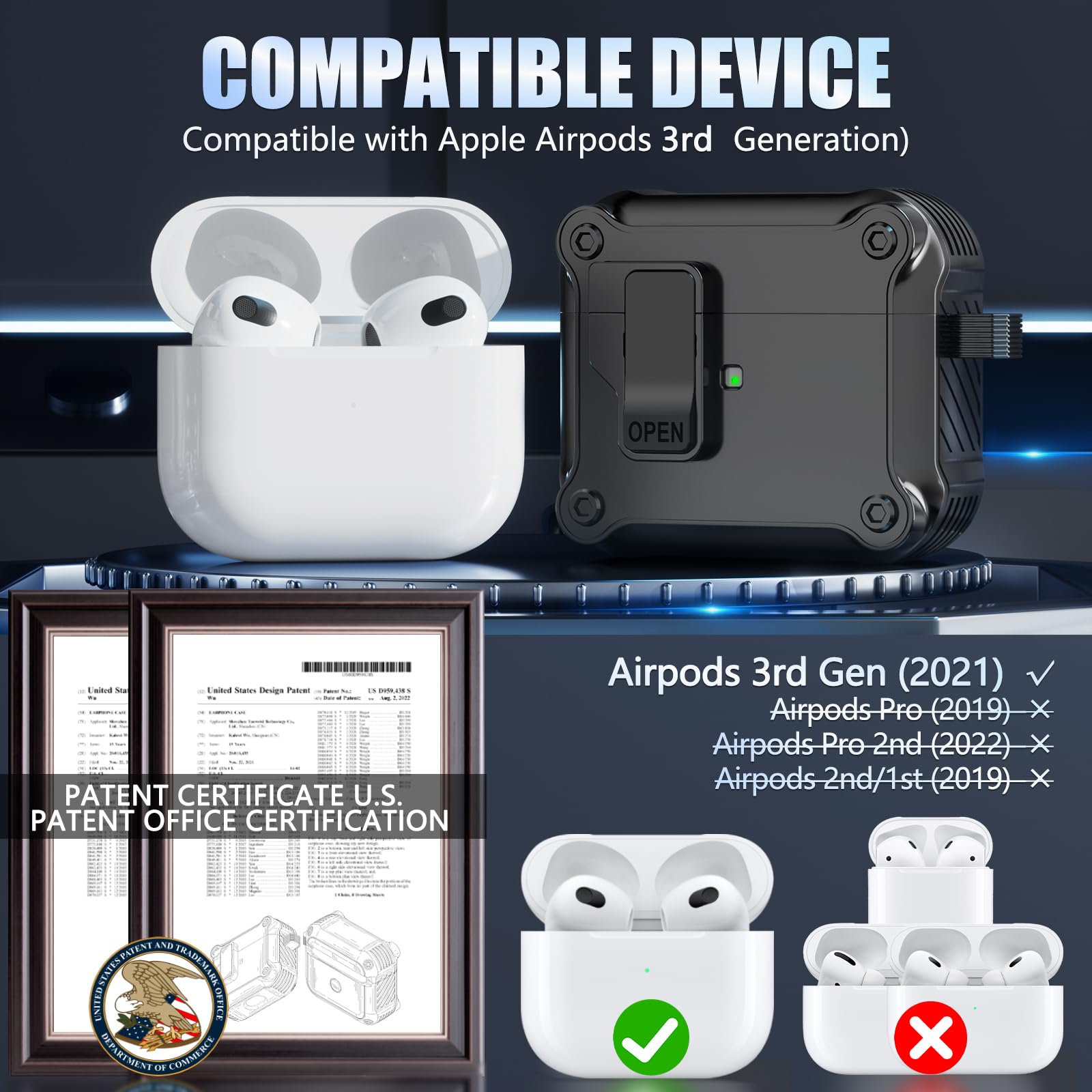 Airpods 第 3世代用ケース　安全なロック クリップ付き　ブラック Amazon | R-fun Airpods 第 3 世代ケース 自動安全ロッククリップ付き