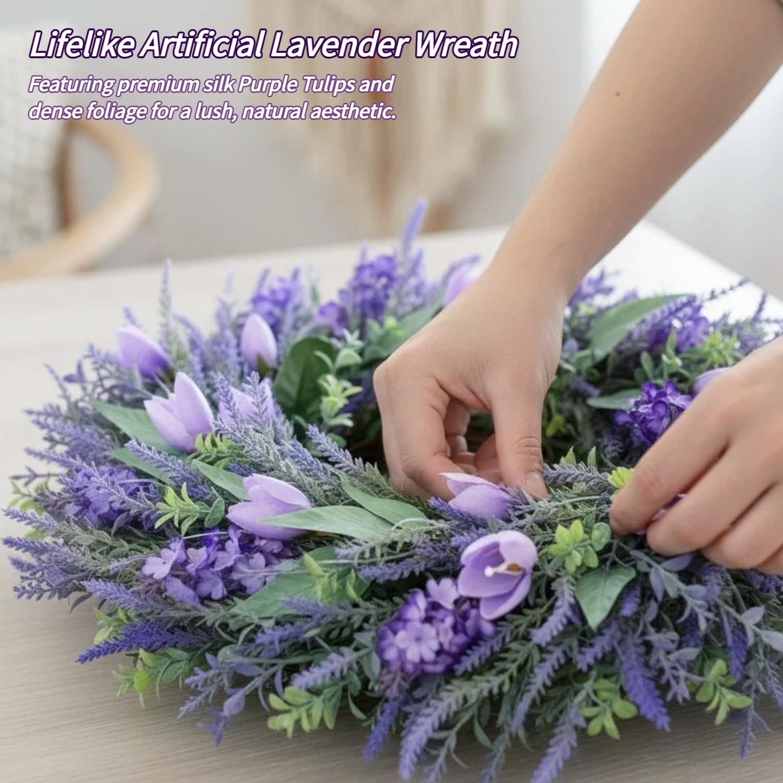 Lavendelkranz Künstlich 66cm für Haustür - Frühlingskranz Türkranz Lila Tulpen & Lavendel - Wandkranz Frühling Sommer Deko für Außen & Innen - Bauernhaus Wanddekoration