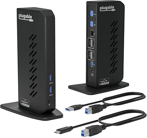 Plugable Estación de acoplamiento dual DisplayPort y HDMI - Dock USB 3.0 y USB-C para portátil para monitores duales, DisplayLink, Mac (controlador