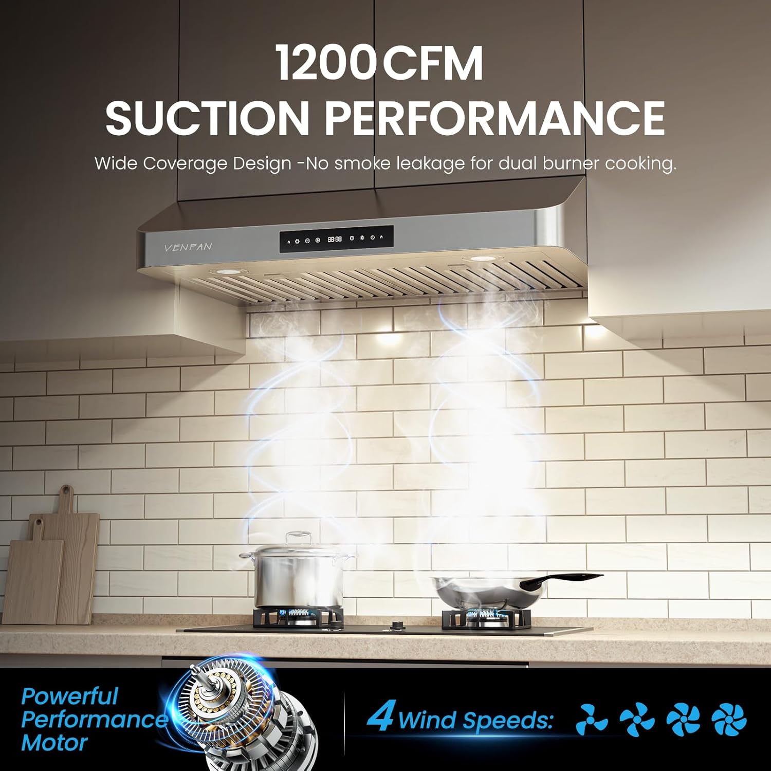 under cabinet range hood 30 inch - 1200 cfm ultra powerful suction, gesture sensing & 4-speed touch control, dishwasher safe filters, stainless steel kitchen hood silver under cabinet - 30