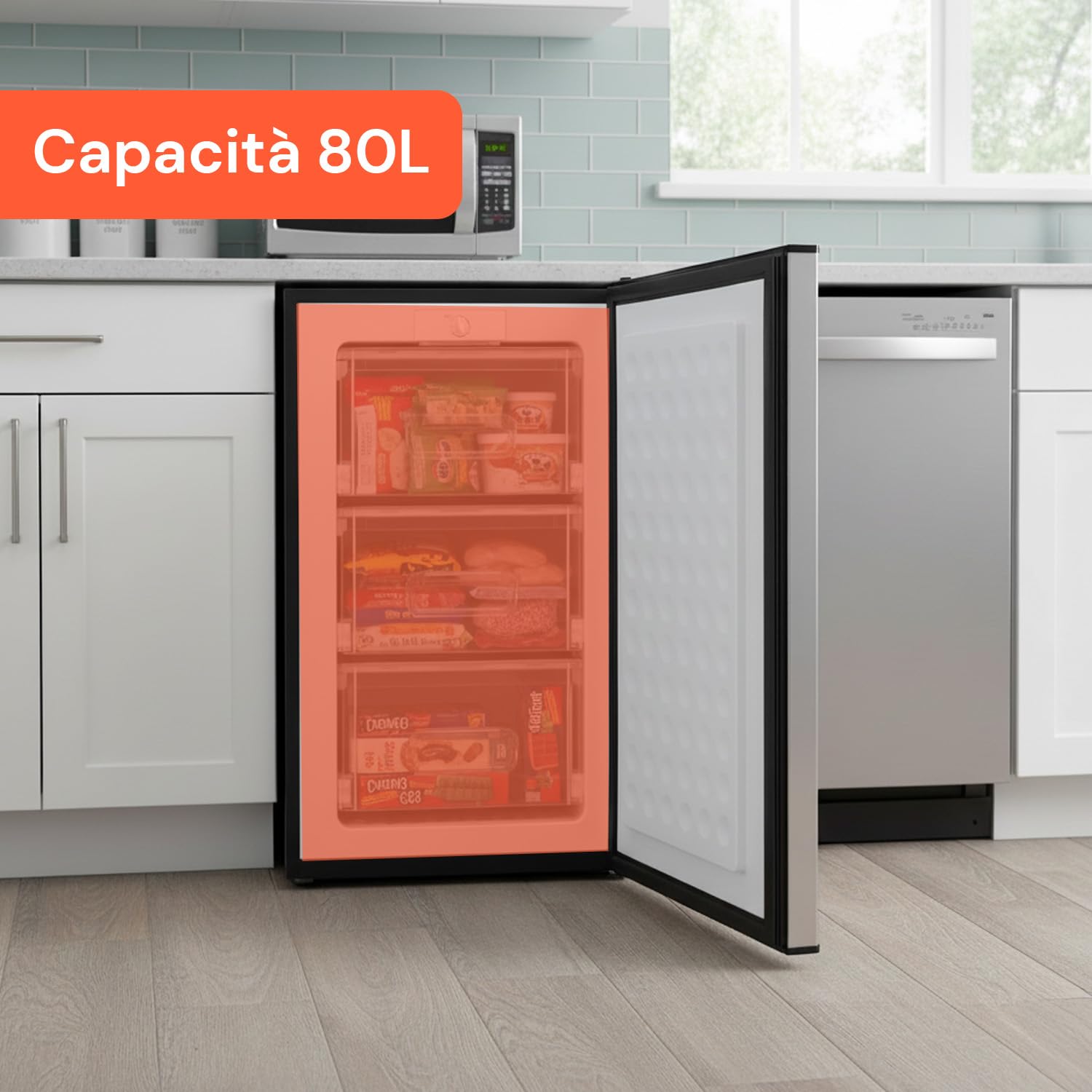Avilia - Congelatore a Cassetti 80L con 3 Scomparti Estraibili e Porta Silver Elegante, Struttura Compatta da 47x44,5x83,5 cm, Facile da Posizionare e Perfetto come Congelatore Verticale