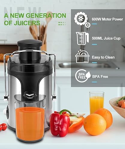 Miniatura 5 de Exprimidor, máquina exprimidora de 600 W con canal de 3 pulgadas de ancho para frutas enteras, extractor de jugo de alto rendimiento con 3