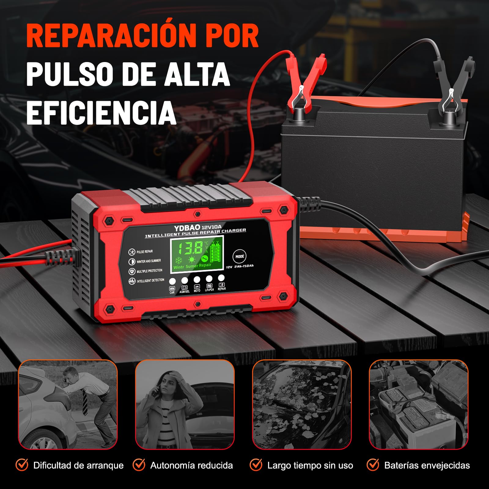 YDBAO Cargador de Batería de Coche 12V 10A Cargador Baterias Coche y Moto Inteligente con Reparación y Múltiples Protecciones y Pantalla LCD Cargador bateria para Auto,Moto, Camión, AGM, Gel,SLA