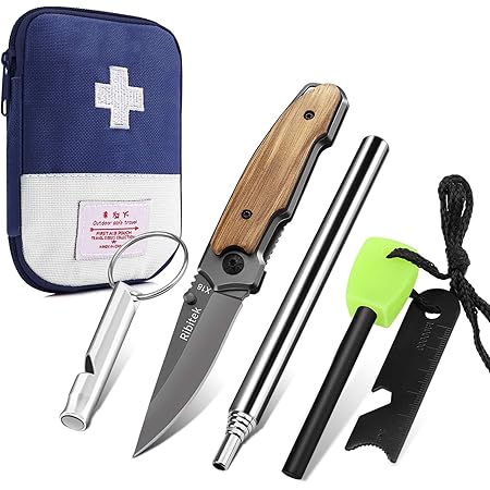 Amazon Ribitek 火起こし メタルマッチ 火吹き棒 5点緊急用セット ファイヤースターター 折りたたみナイフ ホイッスル 収納袋付 キャンプ 登山 防災救援に対応 Ribitek スポーツ アウトドア