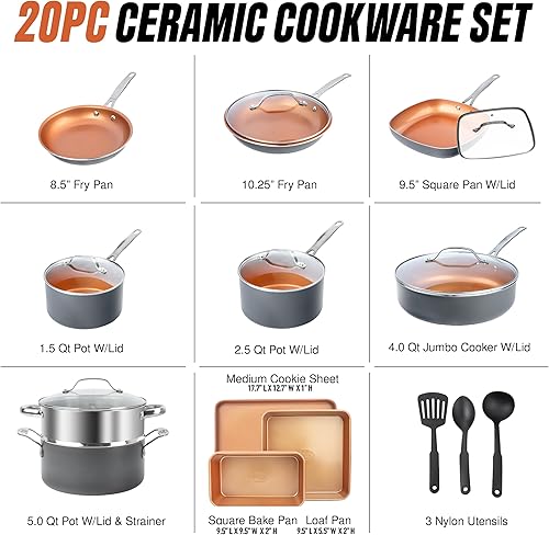 Miniatura 9 de GOTHAM STEEL Juego de 20 utensilios de cocina de cerámica, juego de ollas y sartenes de cobre antiadherentes con utensilios para hornear, utensilios