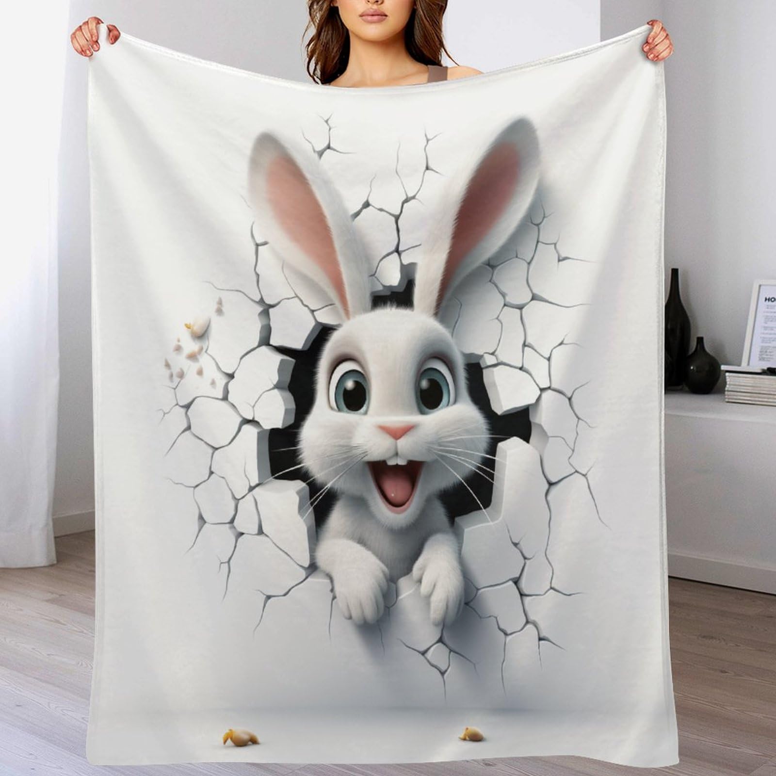 Plaid jeté canapé flanelle lapin 100x130cm anti-courants d'air