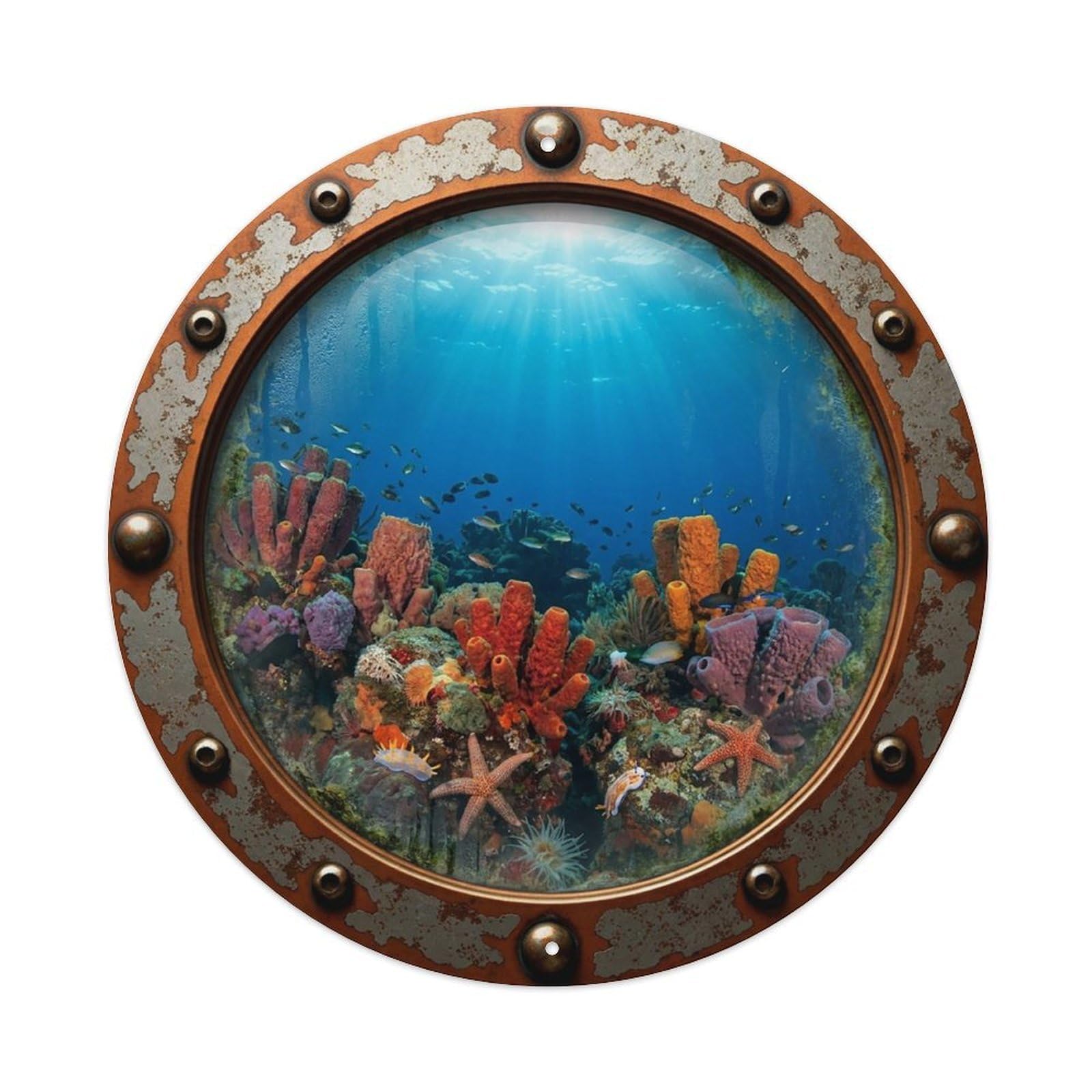 Vintage Porthole Sea Sponge Nautical Window View Metal Tin Sign