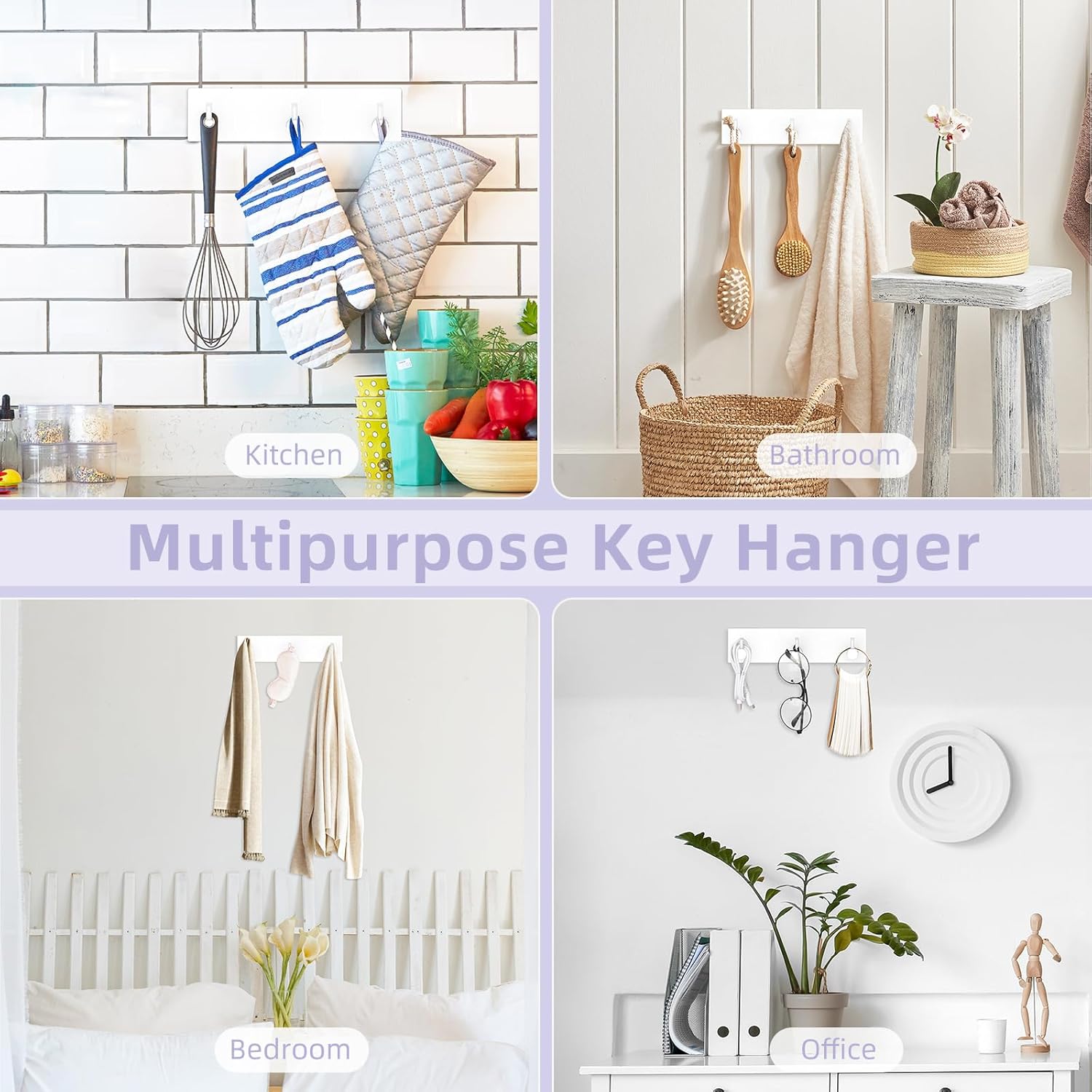 VIS'V Key Holder Wall Mount, Small Metal Self Adhesive Key Hanger with 3 Hooks, No Drilling, Extra Adhesive Strip, White