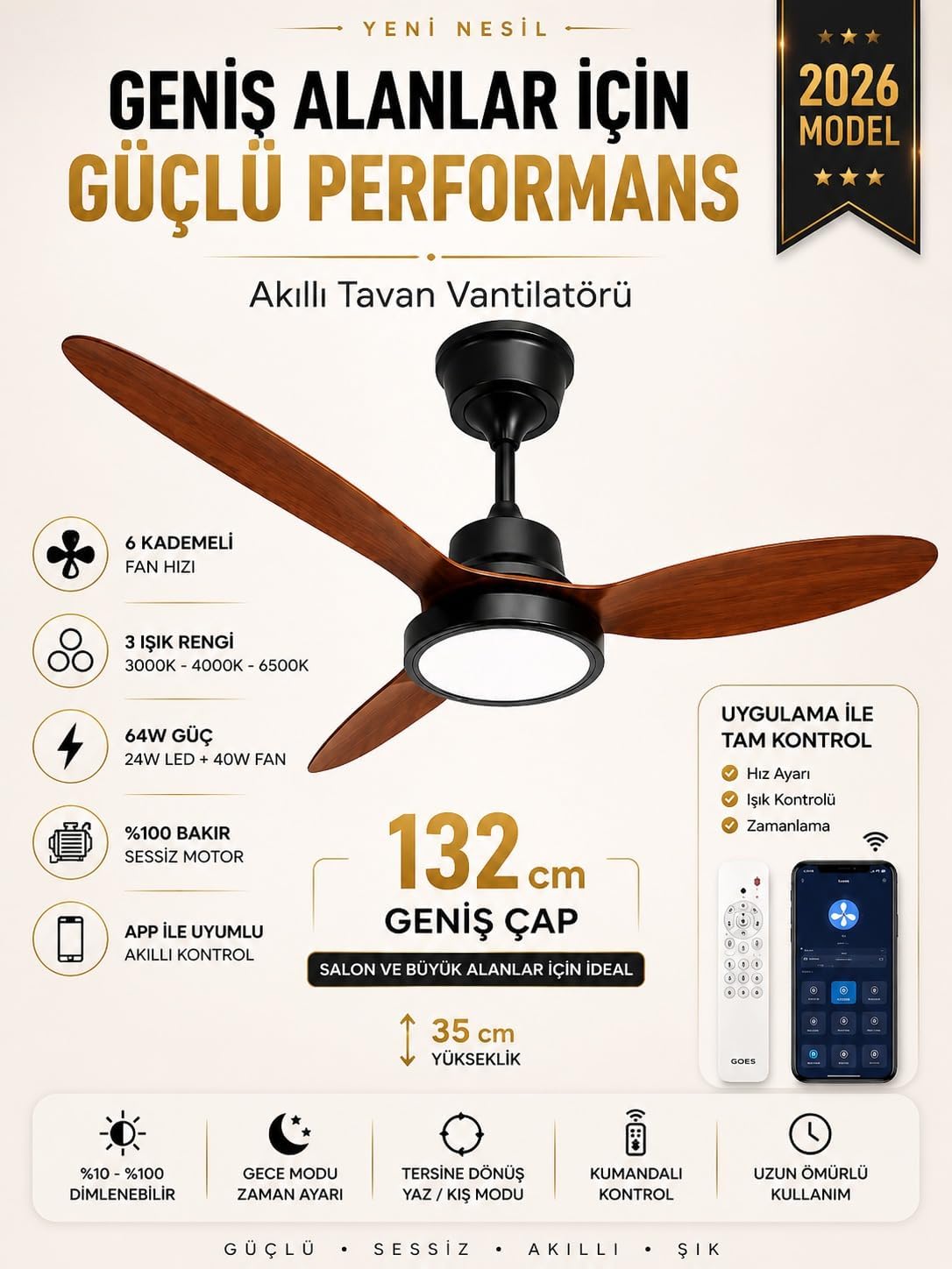 132 cm Akıllı Tavan Vantilatörü – Kumandalı & App Kontrollü – 6 Kademeli Sessiz LED Tavan Fanı – 3 Işık Modlu – Yaz/Kış Modu (Siyah - Kiraz)