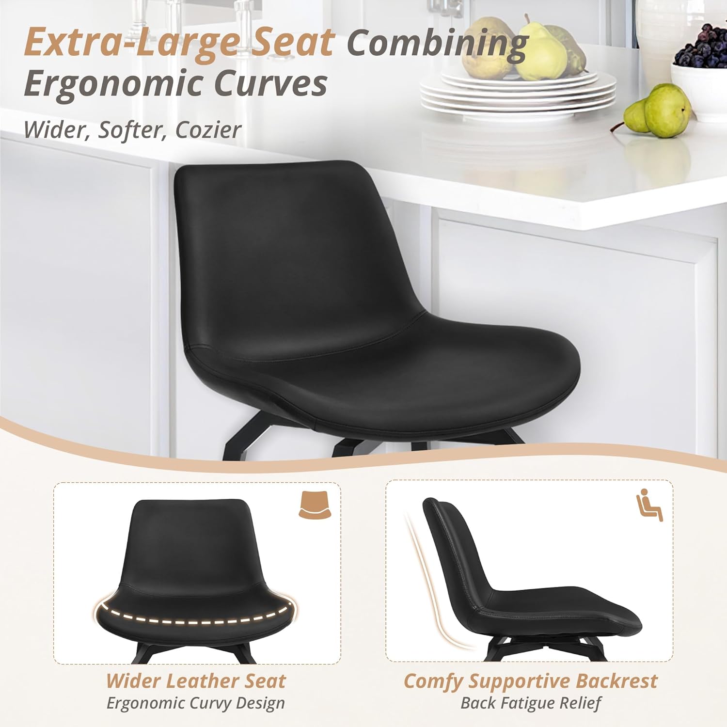 LUE BONA 360° Swivel Bar Stools Set of 3, 26 Inch Counter Height Bar Stools, Modern Faux Leather with Enlarged Seats, Metal Legs for Kitchen Island, Dining, Black