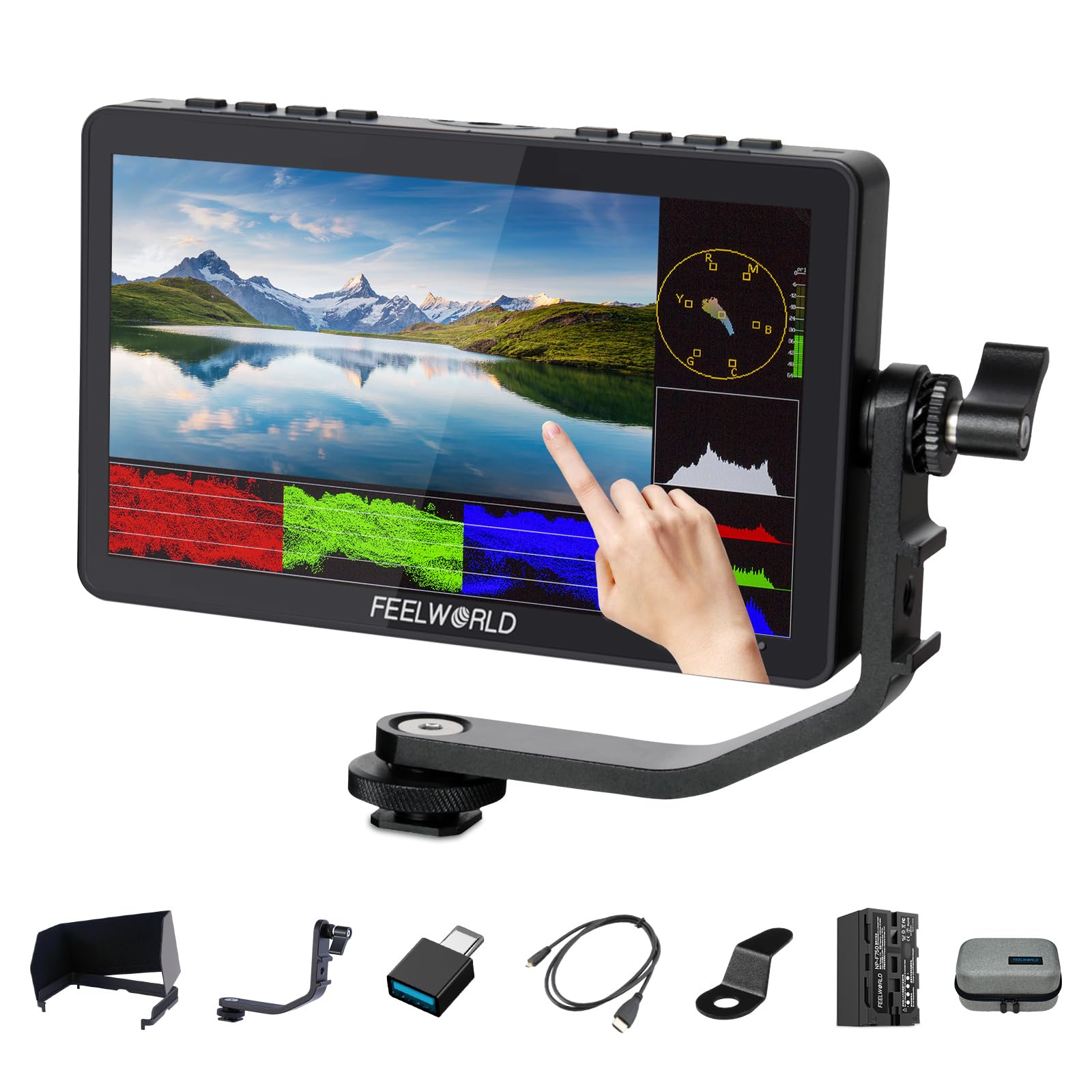 Feelworld F5 Pro V2 6 Pulgadas Monitor de Campo de cámara DSLR 3D LUT con Kit Externo Instale el Equipo IPS FHD1920x1080 4K HDMI / 5V Entrada Tipo c（Incluye batería F750）