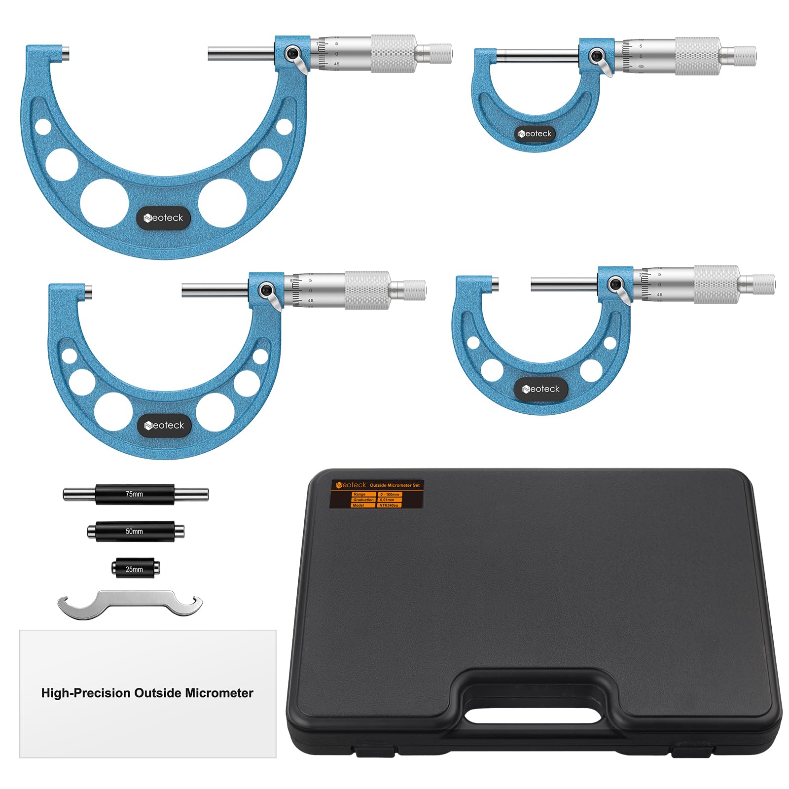 Neoteck Micromètre Extérieur Mécanique 0-100 mm – Kit 4 Pièces 0-25/25-50/50-75/75-100 mm Précision 0,01 mm avec Cliquet, Faces en Carbure, Ét alons 25/50/75 mm – Pour Usinage & Atelier Professionnel