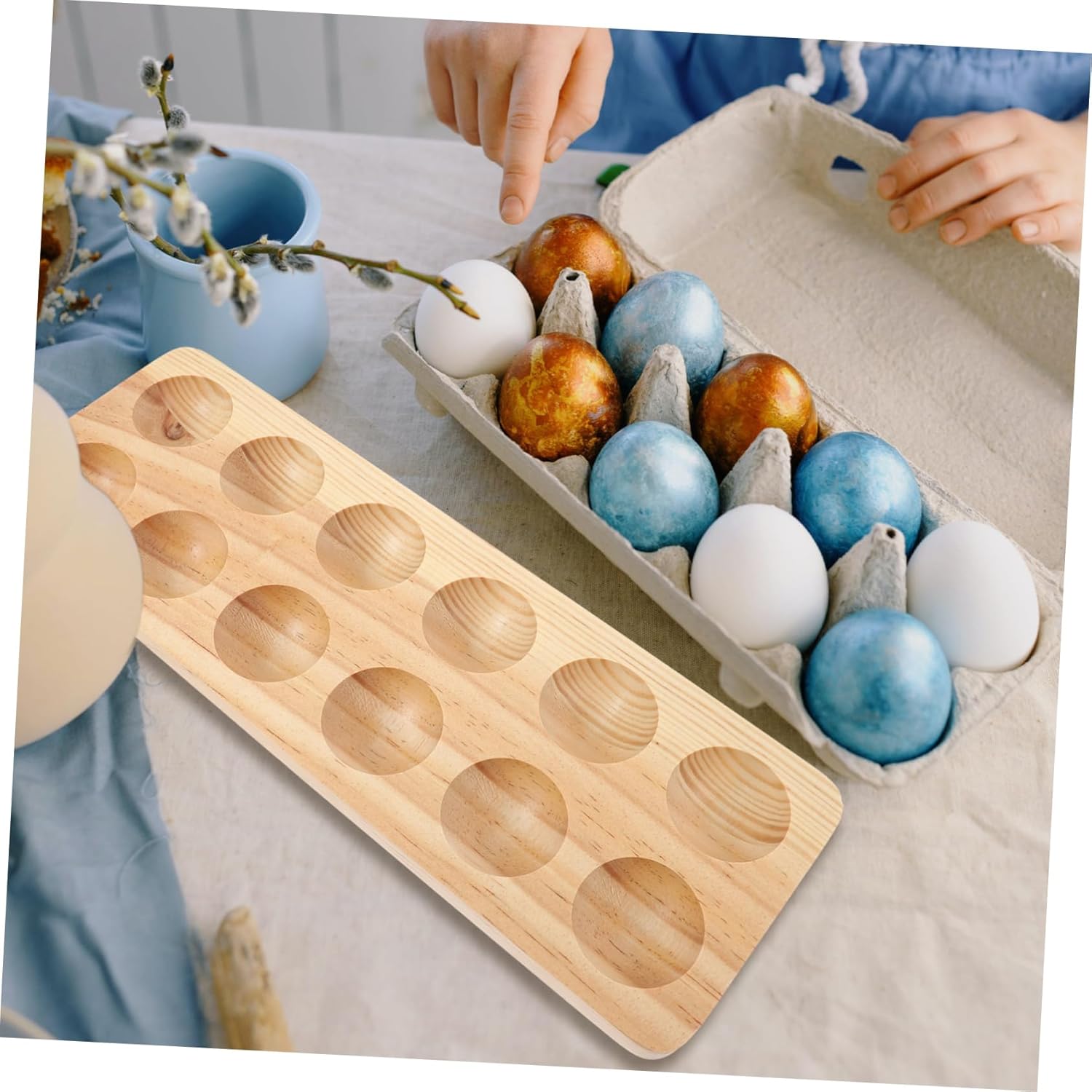 Luxshiny 12Holes Wooden Egg Holder with Slots Stackable Rustic Egg Storage Tray for Kitchen Countertop Nonslip Base Easy to Clean Solid Wood Egg Organizer for Pantry