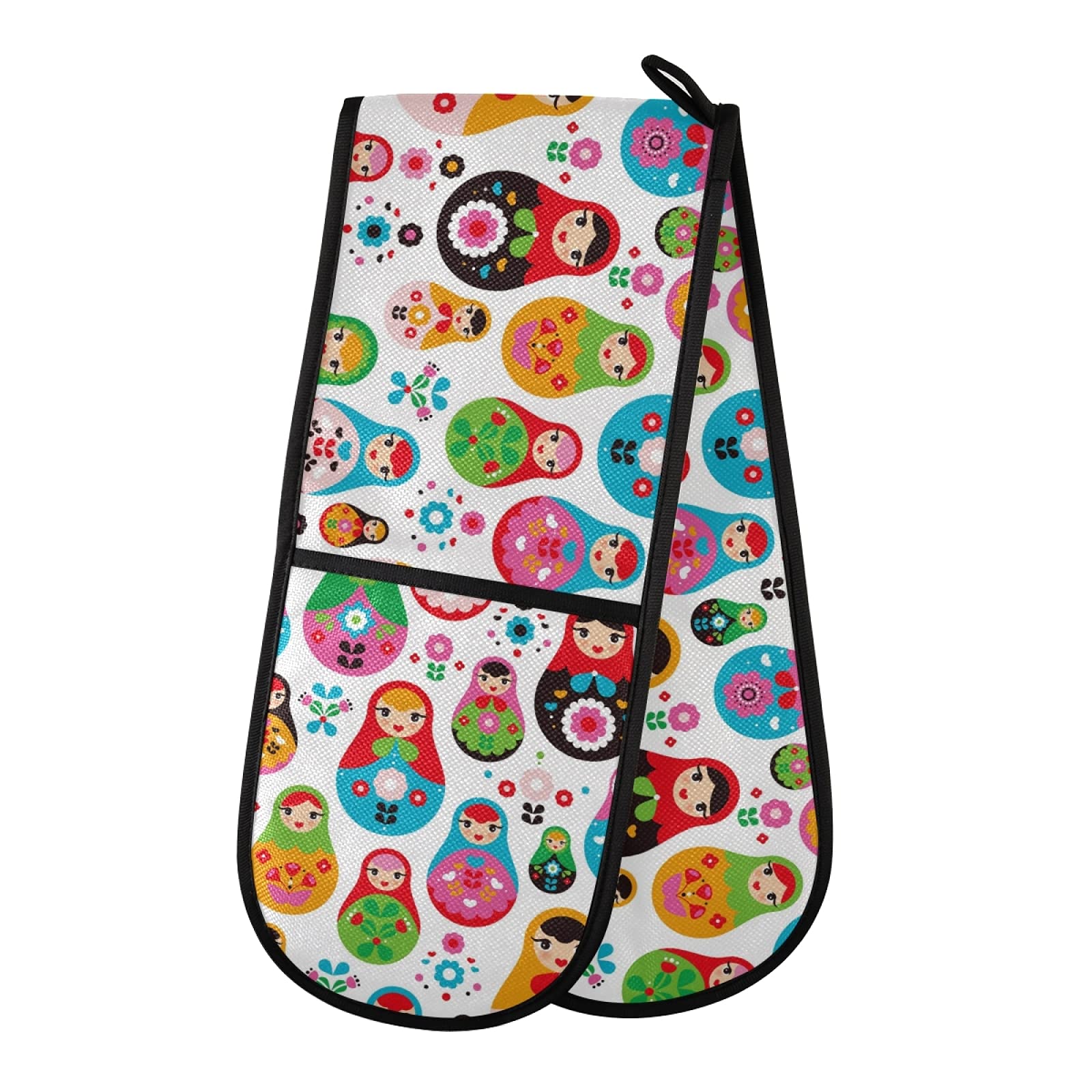 Puxuqu Multicolor Oven Gloves Double Oven Mitts Gloves, Retro Russian Doll Heat Resistant Oven Gloves For Baking Bbq Kitchen Cooking Gloves
