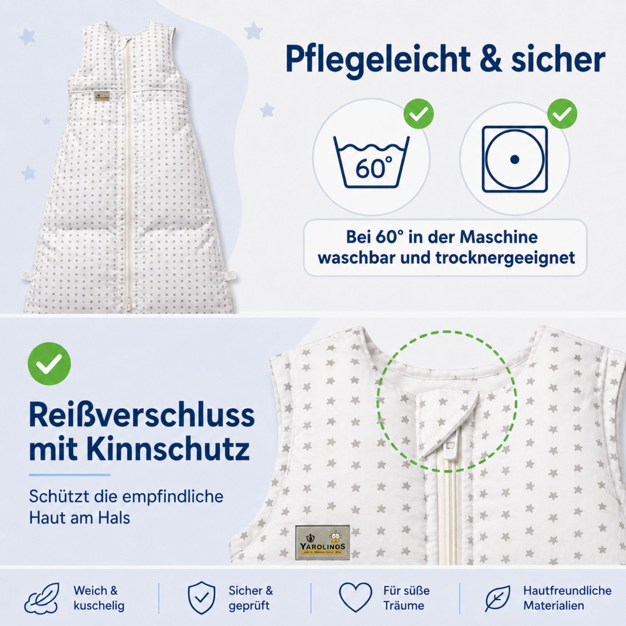Set ARO Artländer Daunenschlafsack mit Stoffwindel Blaubär/Winterschlafsack längenverstellbar/Baby-Schlafsack mit Premiumdaunen