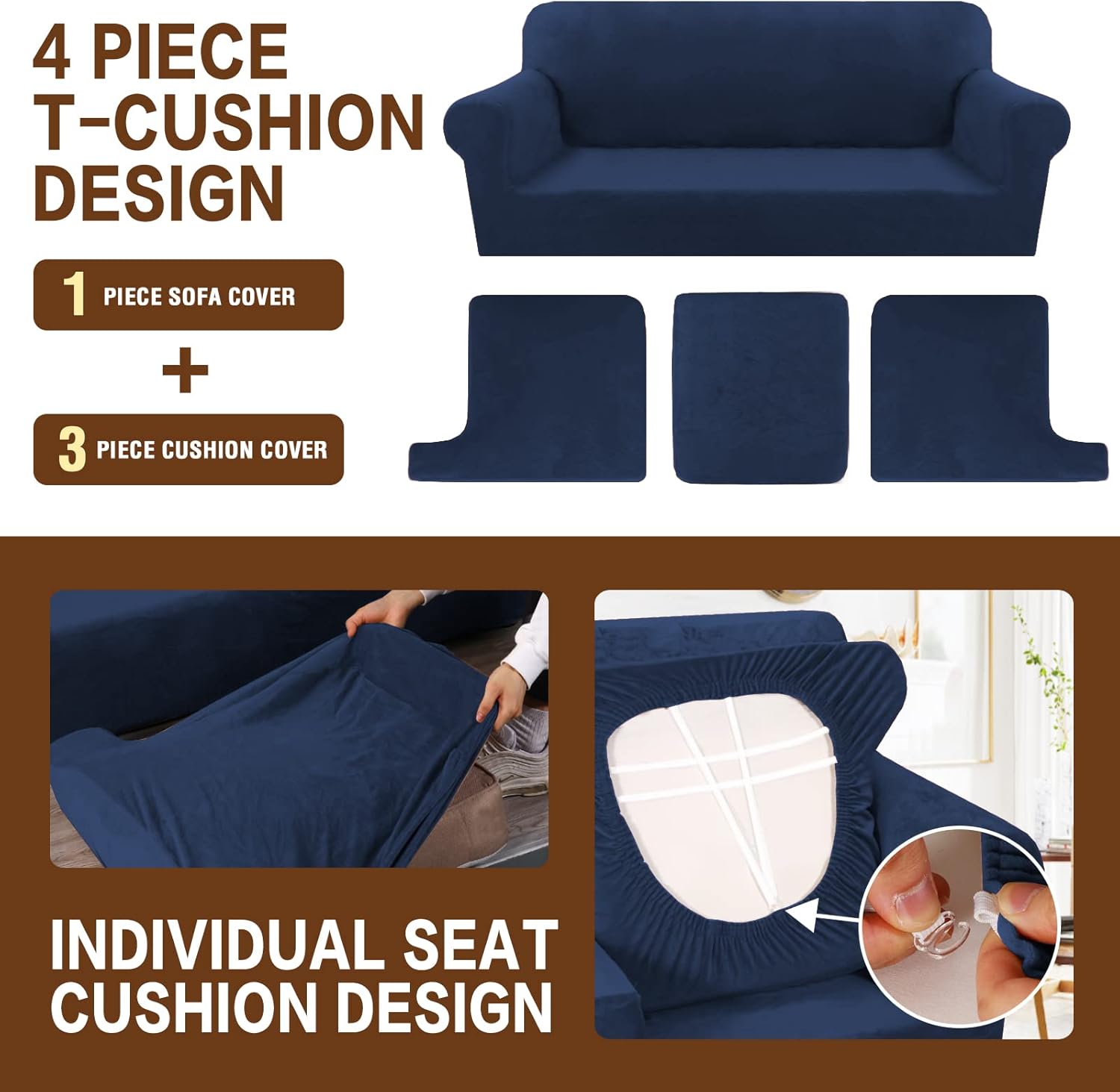 NA Velvet T Cushion Sofa Slipcover 4 Pieces Sofa Covers for T Cushion Sofa Soft Couch Cover Sofa Slip Covers Furniture Protector with 3 Individual T Cushion Shape Seat (Navy, Sofa)
