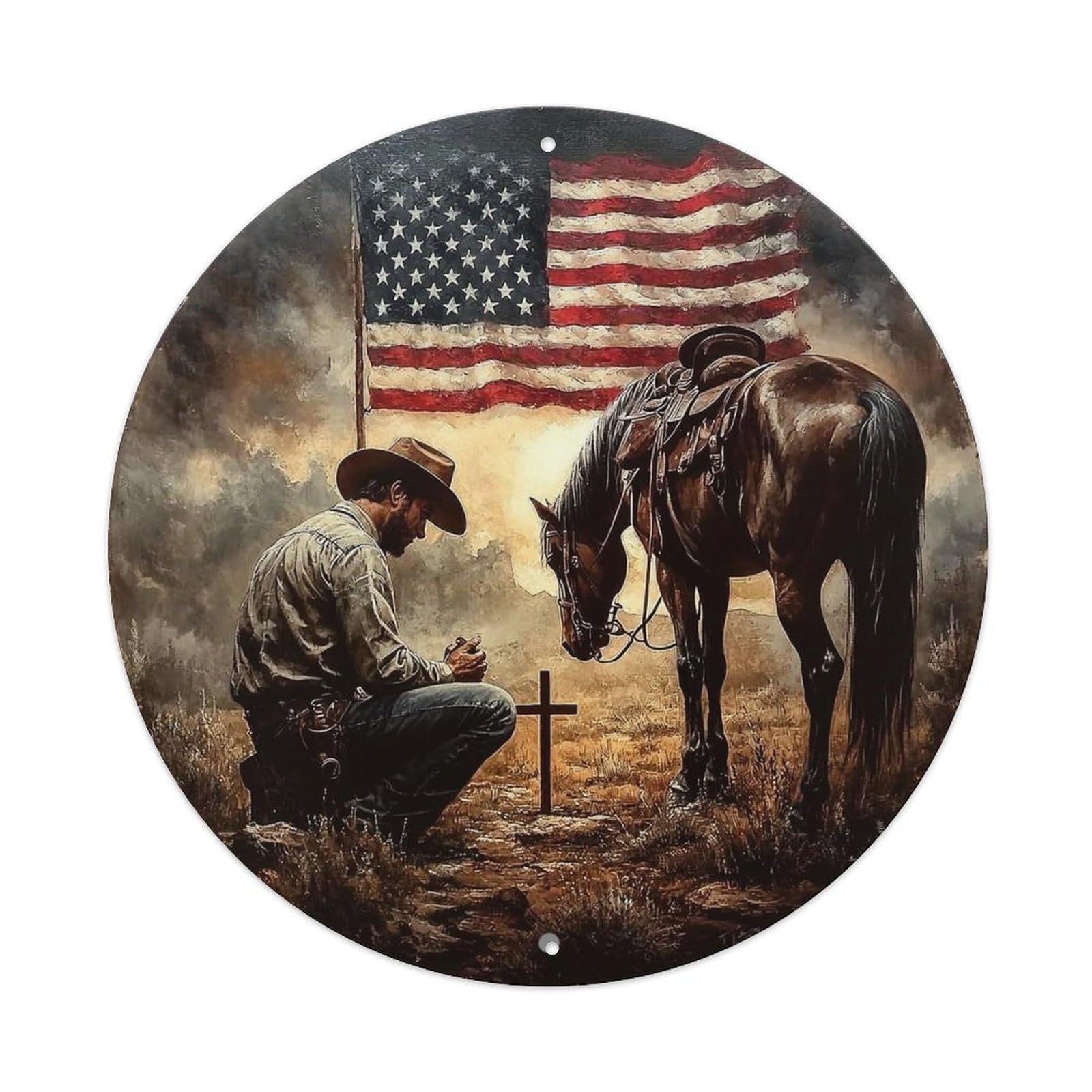Cowboy Praying At Cross With Horse And Flag Retro Metal Sign Round Tin Sign, Vintage Decor Art Poster for Bar, Home, Man Cave, Kitchen, Laundry Room Gift 8x8Inch
