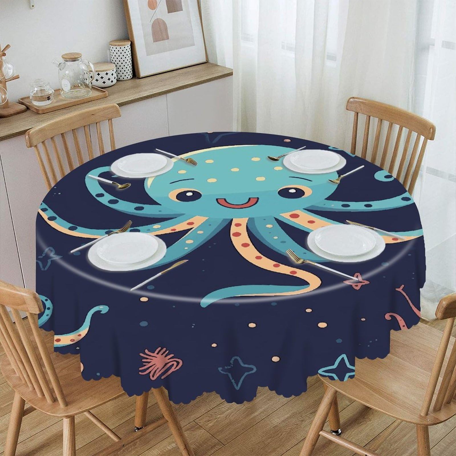 VstaDank 60 Inch Round Cartoon Octopus Tablecloth Polyester Waterproof Wrinkle Free Table Cloth Spillproof Washable Table Cover Colorful Tablecover Decor for Home Kitchen Dining Party