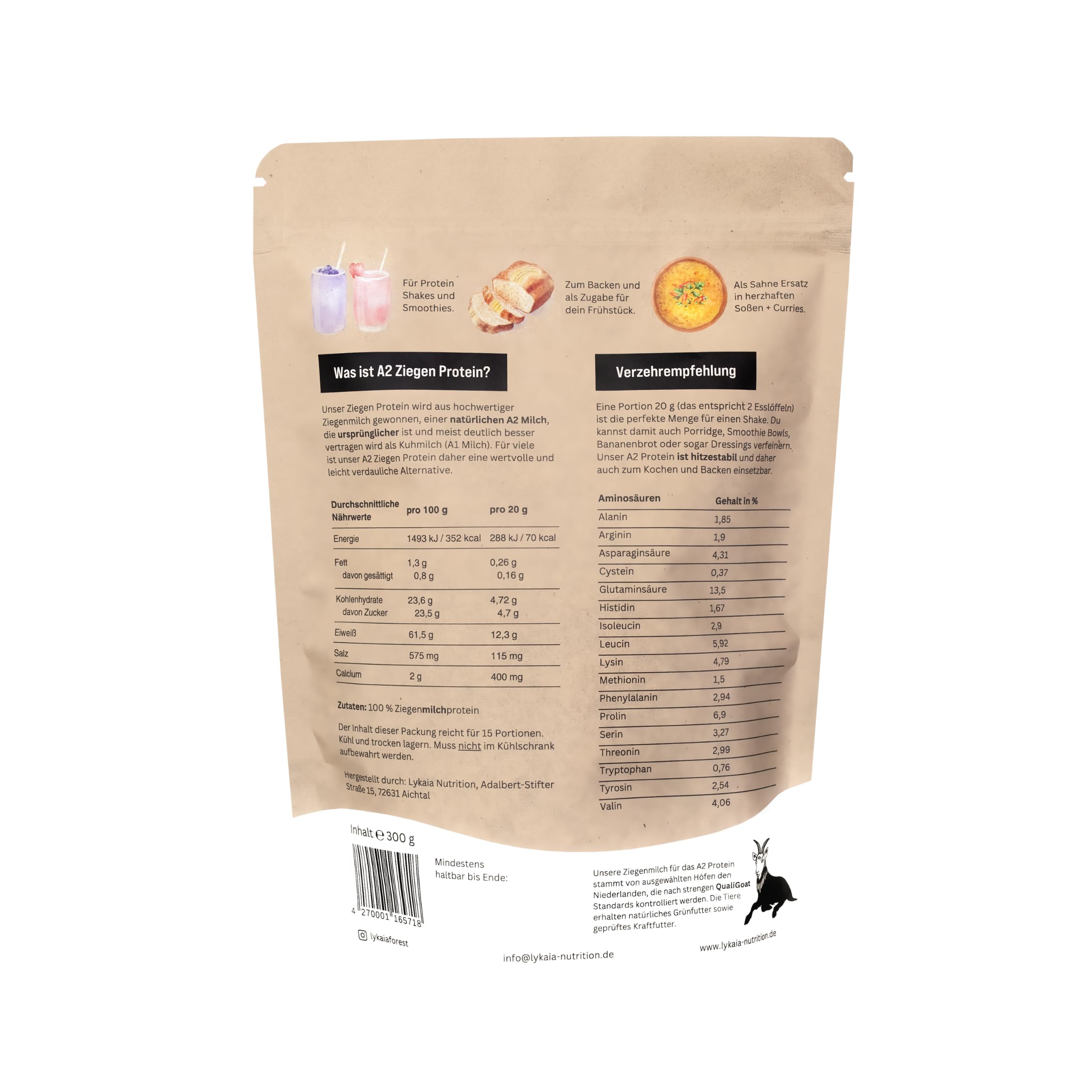 LYKAIA A2 Ziegen Protein 300 g - natürliches Proteinpulver ohne Zusatzstoffe aus 100% A2 Milch. Hochwertig und gut verträglich wegen ursprünglicher A2 Struktur - neutral und cremig