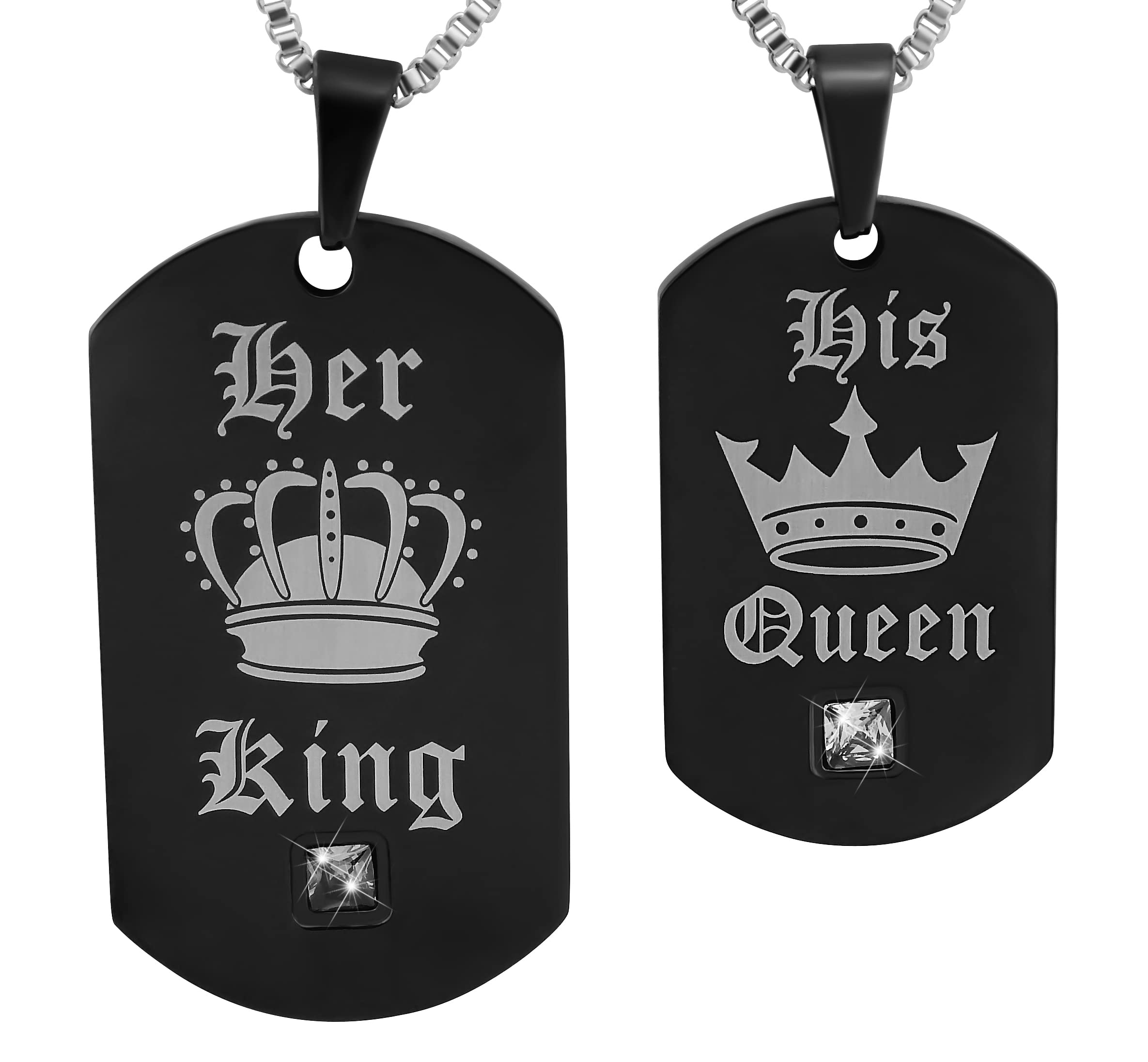 2 Stück Personalisierte Kette mit Gravur Edelstahl 50 cm mit Anhänger Dog Tag Krone in schwarz - Personalisierte Geschenke für Damen Herren Freundin Freund - Partner Halskette für Sie und Ihn