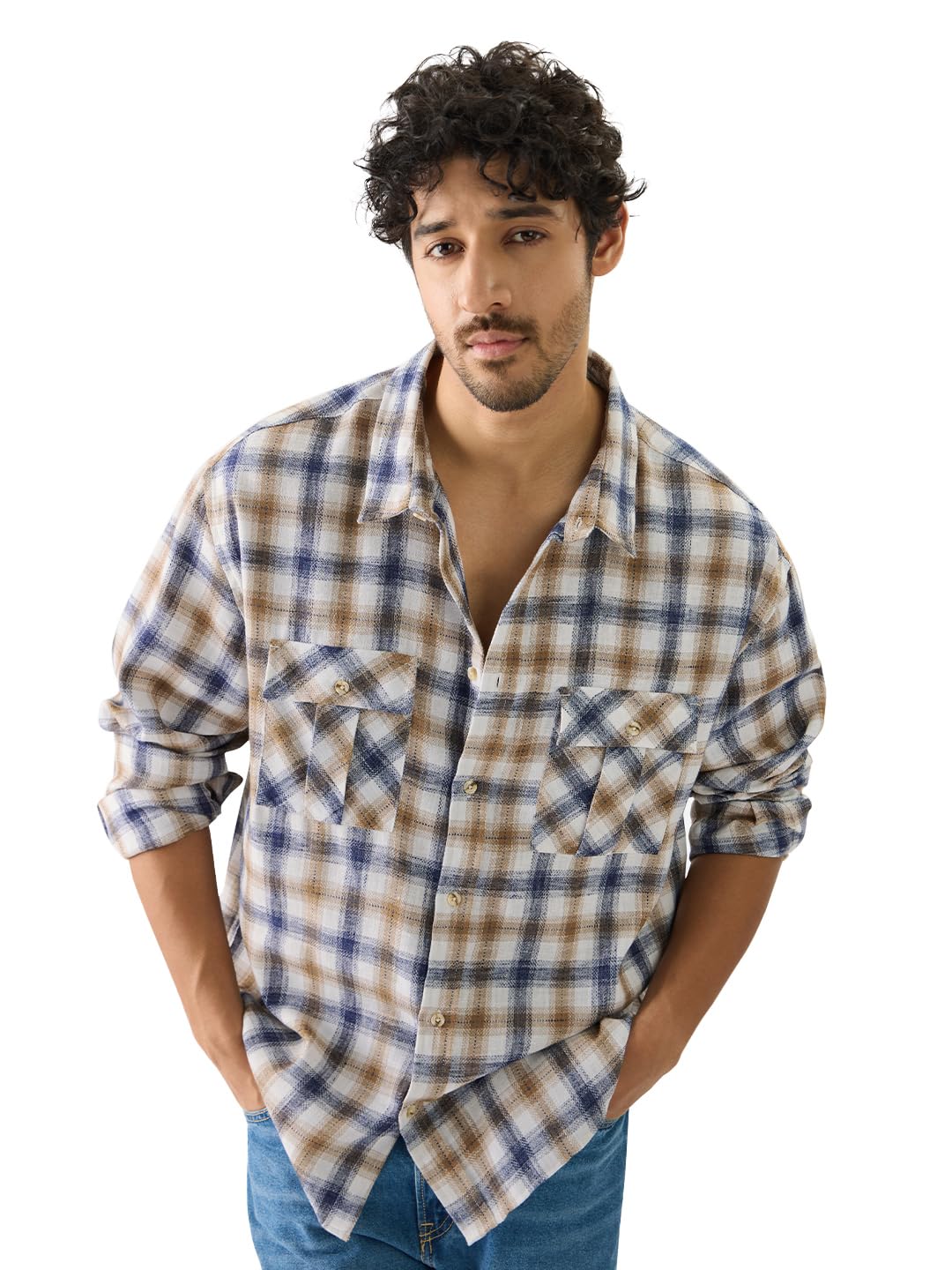 The Souled StorePlaid: Khaki Men and Boys Long Sleeve Collared Neck Button Front Regular Fit Cotton Utility Shirts