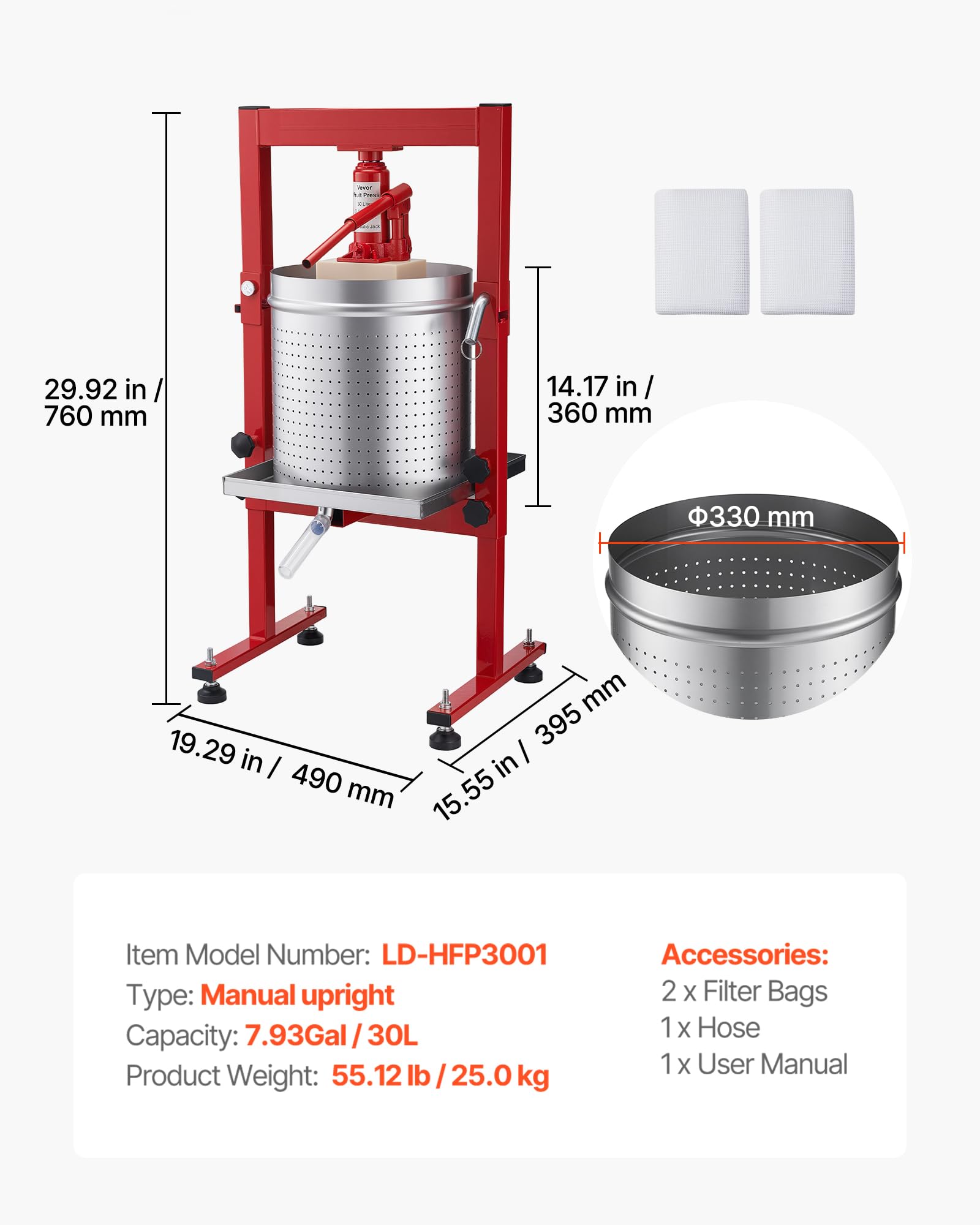 VEVOR Manuelle Beerenpresse 30 L aus Edelstahl, Weinpresse und Obstpresse für Äpfel, Weintrauben, Orangen und Gemüse, Apfelpresse mit 2 Filterbeuteln, 40 x 32 x 61 cm Hydraulische Saftpresse