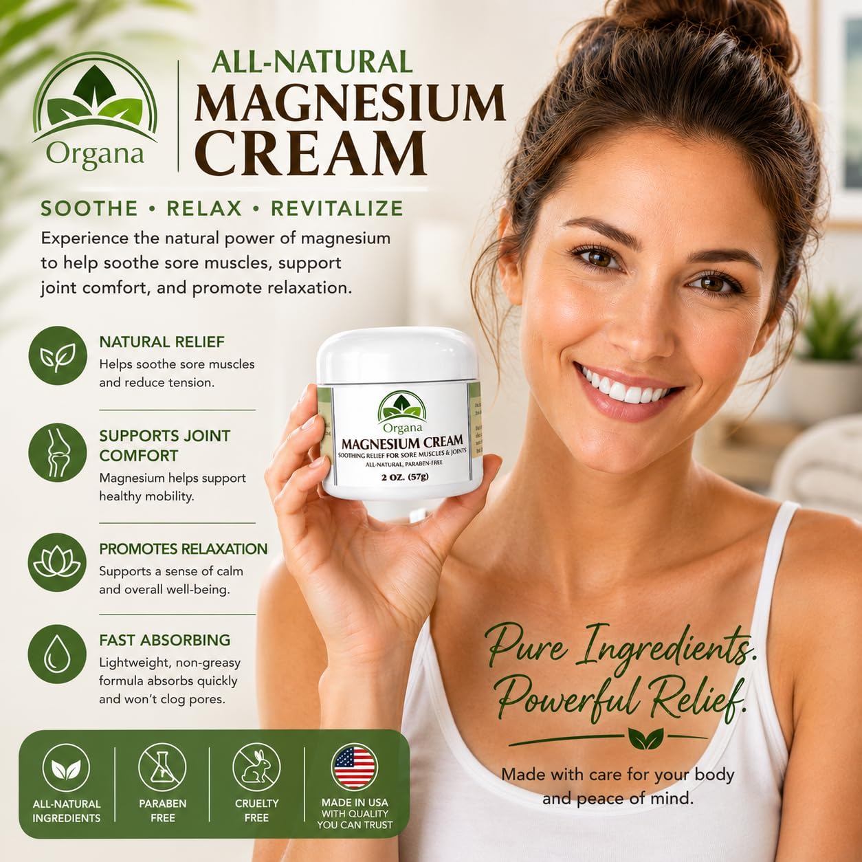 Organa Magnesium Lotion | Magnesium Cream for Sore Muscles, Leg Cramps and Joint Support | Shea Butter Infused Magnesium Lotion