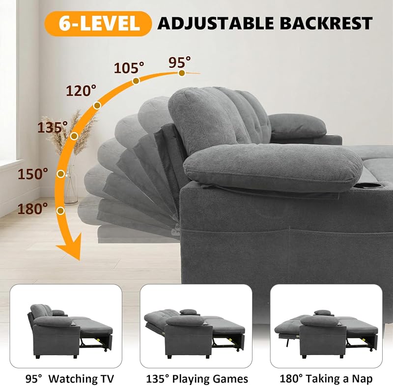 93" L Shaped Sleeper Sofa Bed, Pull Out Sectional Couch with Storage Chaise/Reclining Backrest, Sectional Couches for Living Room with USB Port, Foldable Table, Cup Holder, Side Pocket, Light Grey image 3