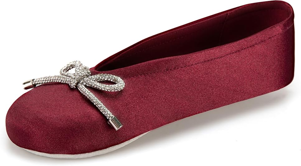 isotoner Women's Classic Stretch Satin Ballerina Slippers with Satin and Sequin Bow Tie
