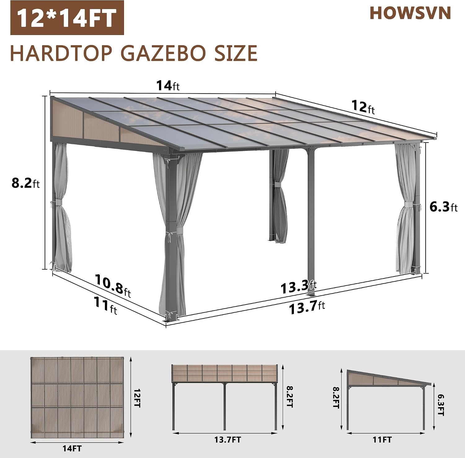 12'x14' Lean to Gazebo, Wall Mounted Gazebo with Aluminum Frame, Curtains and Netting for Patio,Decks, Garden and Lawn
