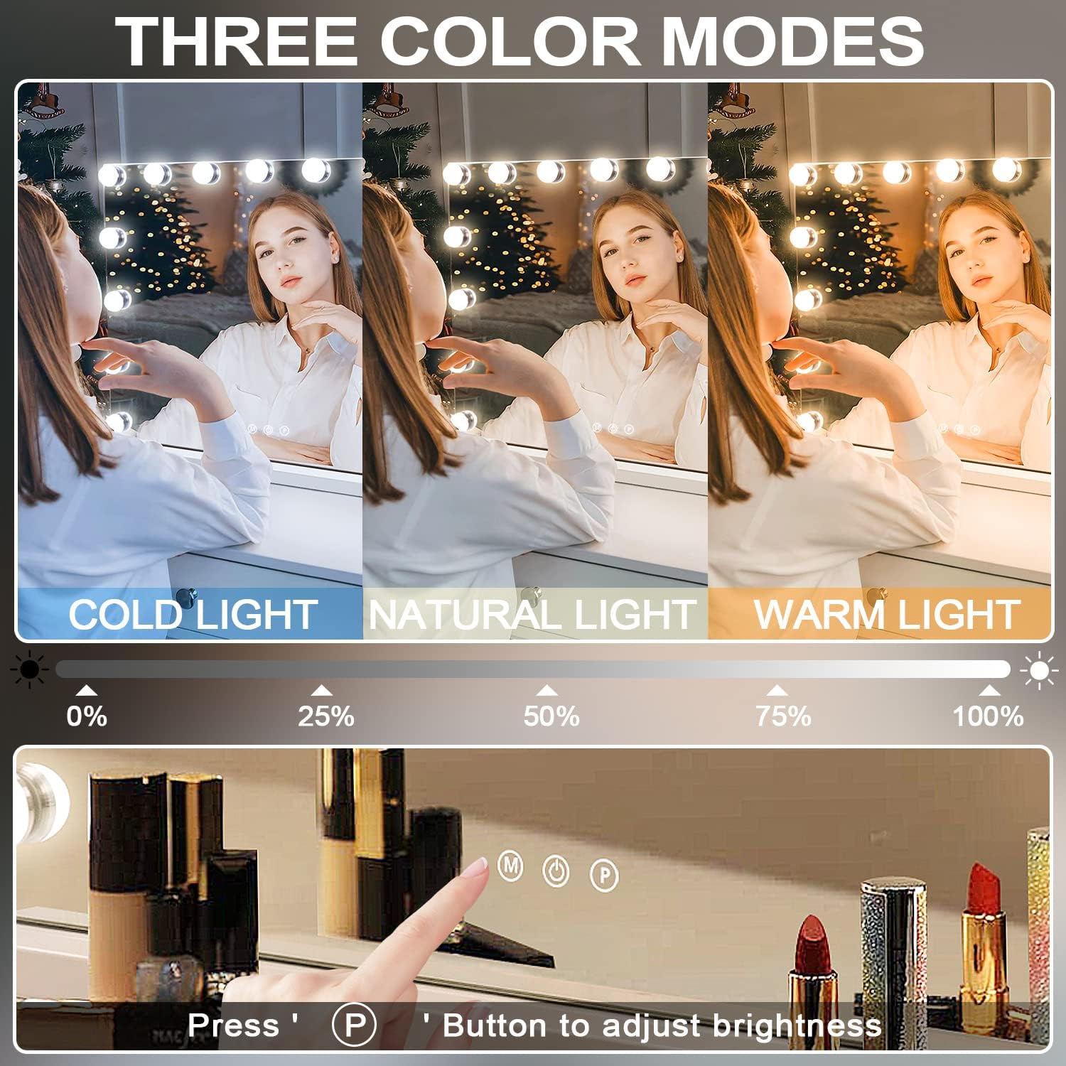 YU YUSING Miroir Maquillage Hollywood Lumineux, Miroir Coiffeuse LED 15 Lumières Dimmables 58X45cm, Contrôle Tactile 2 Couleurs Montage Mural Blanc