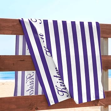 Hoomall Personalized Beach Towels for Kids & Adult Custom Name Pool Towels Purple Striped Bath Towel Microfiber Quick-Dry Beach Towels for Kids Gift for School Company Party