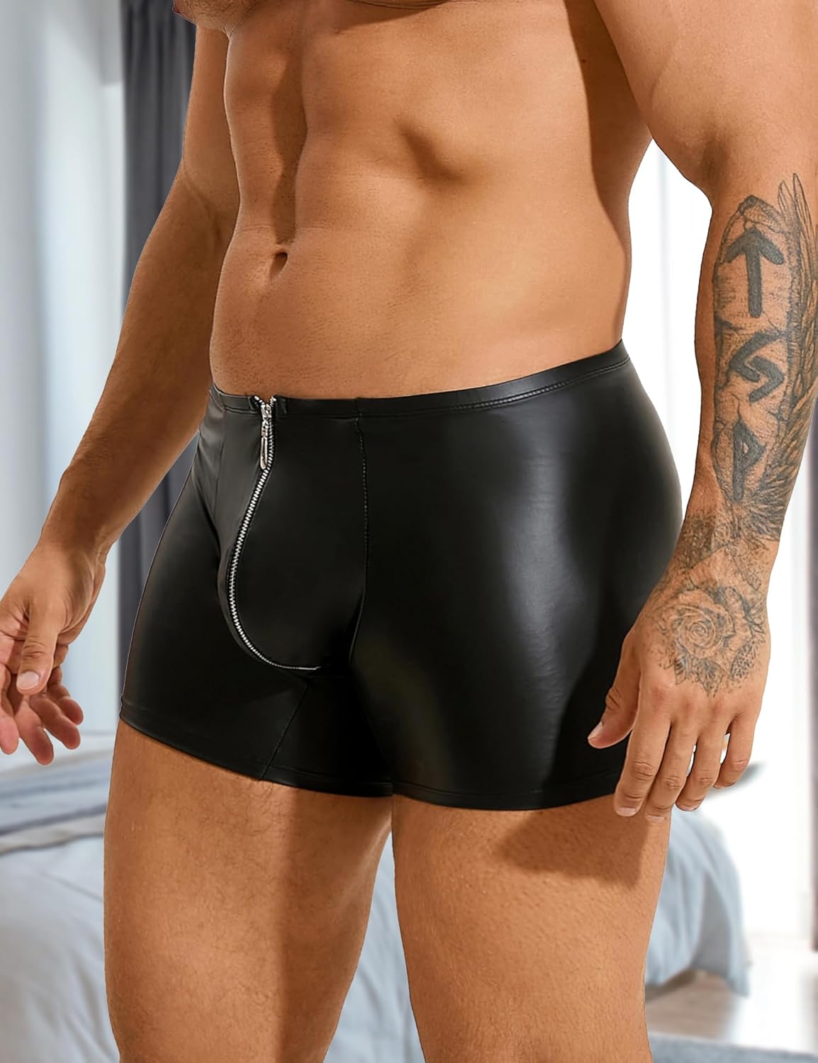 comeondear Men's Faux Leather Boxer Shorts Zipper Bulge Pouch Briefs Black Plus Size Sexy Underwear Panties - Image 6