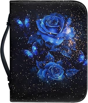 Dellukee Large Bible Cover Zippered Book Carrying Case for Women Girls Book Tote Bag Kids Bible Accessories Christian Gifts Blue Rose Butterfly Print