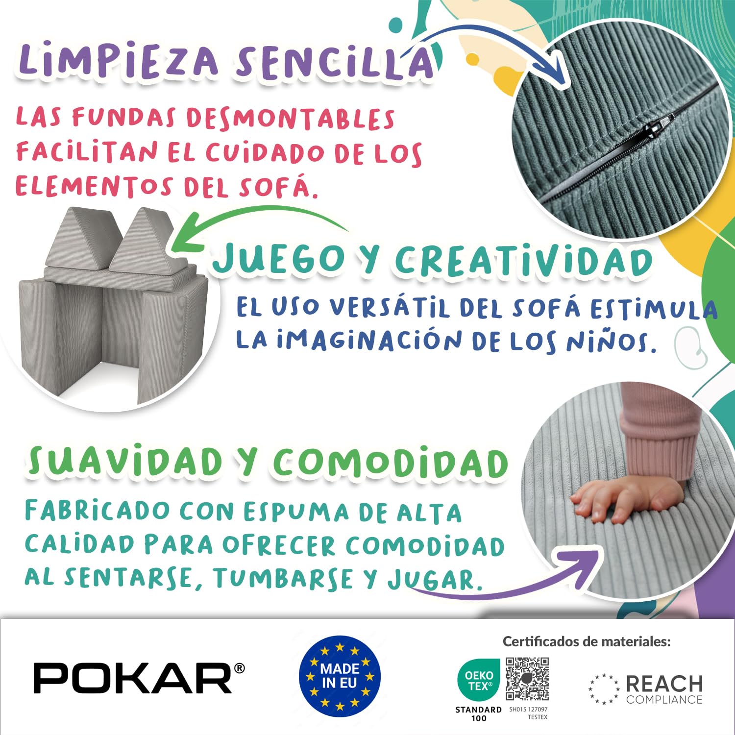 POKAR Colchón Plegable para Sofá Modular Niños | Colchón 160x80x8 cm en Espuma con Funda de Pana Suave | Accesorio Compatible con Sofá para Niños Infantil | Certificado Öko-Tex | Caramelo Cálido