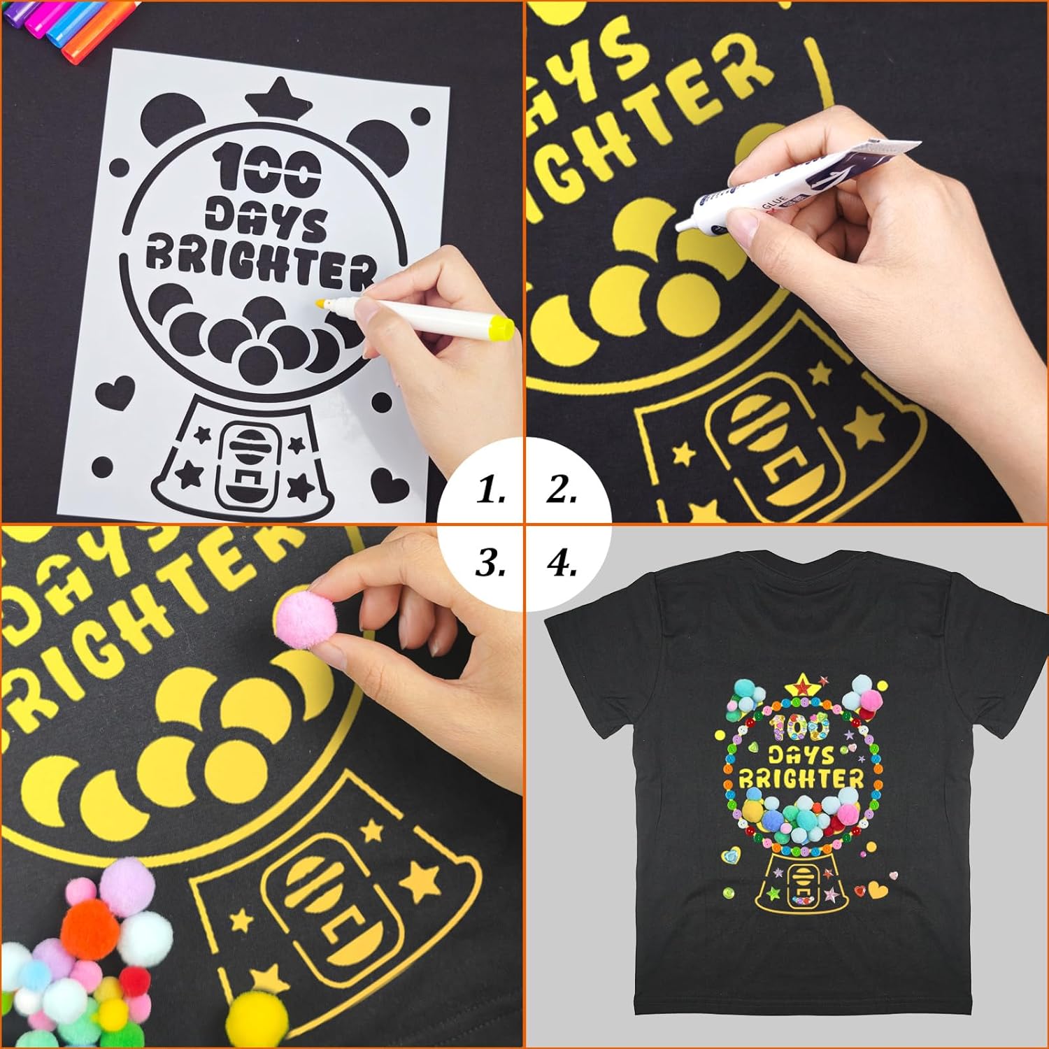Cinrobiye 10 Set DIY 100th Day of School Drawing Stencils for Kids Plastic Drawing Painting Craft kit with Pompoms Gem Stickers Buttons for School Party DIY 100 Days of School Clothing T Shirt Bag