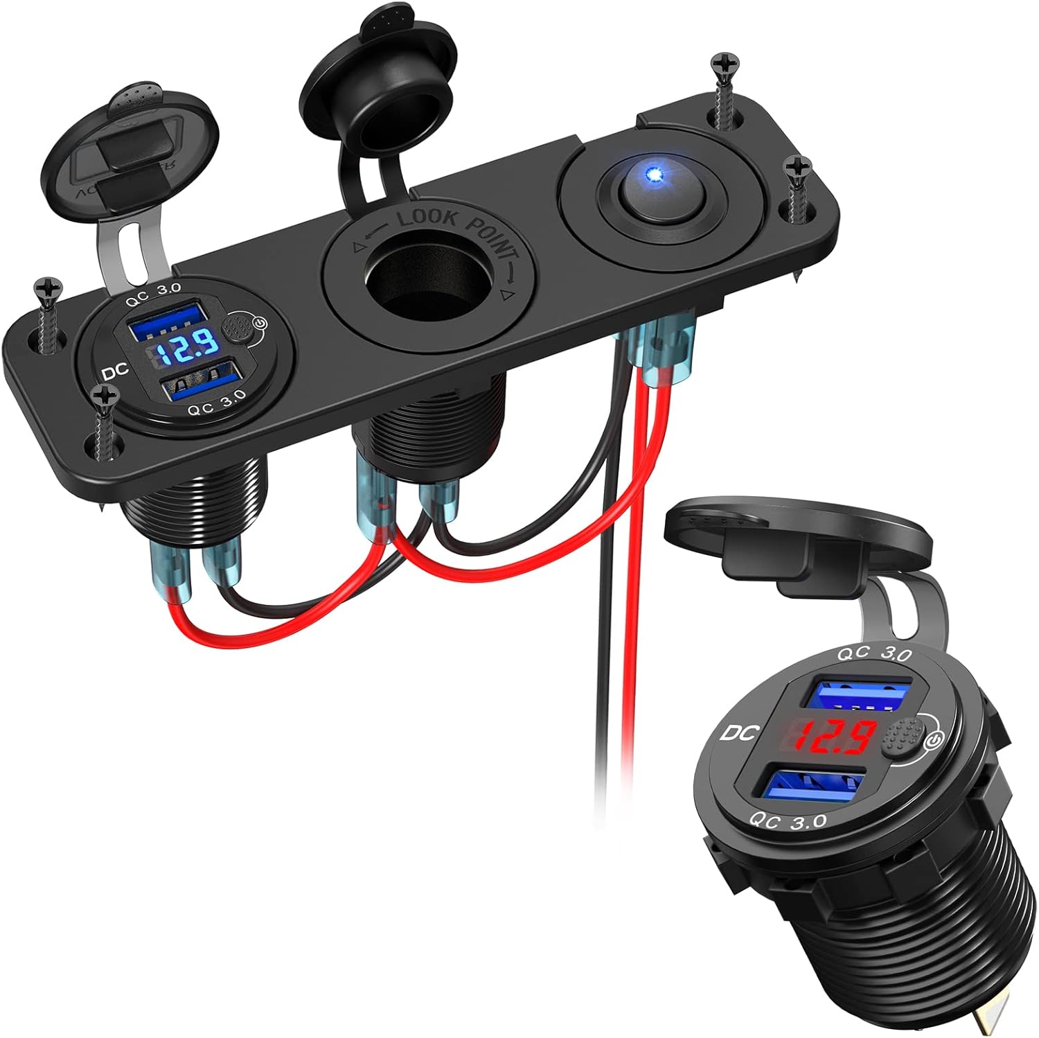 Quick Charge 3.0 Dual 12V USB Car Charger and Cigarette Lighter Socket 12V Splitter with Rocker Toggle Switch