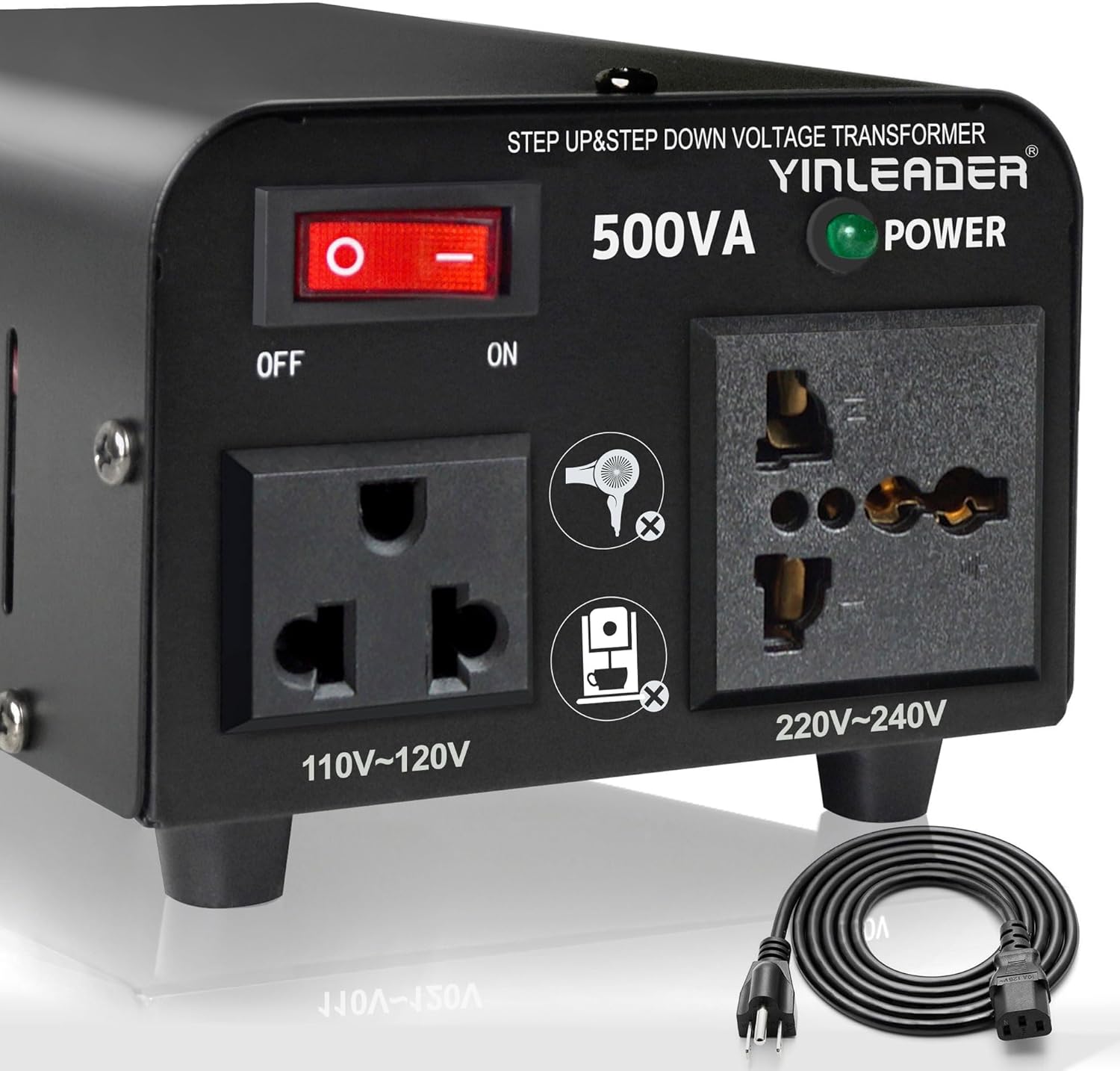 Black Yinleader 500W Voltage Transformer Power Converter(110V to 220V, 220V to 110V) Step Up/Down Converter 110/120 Volt - 220/240 Volt w/US Power Cord [300W Continuous Power]