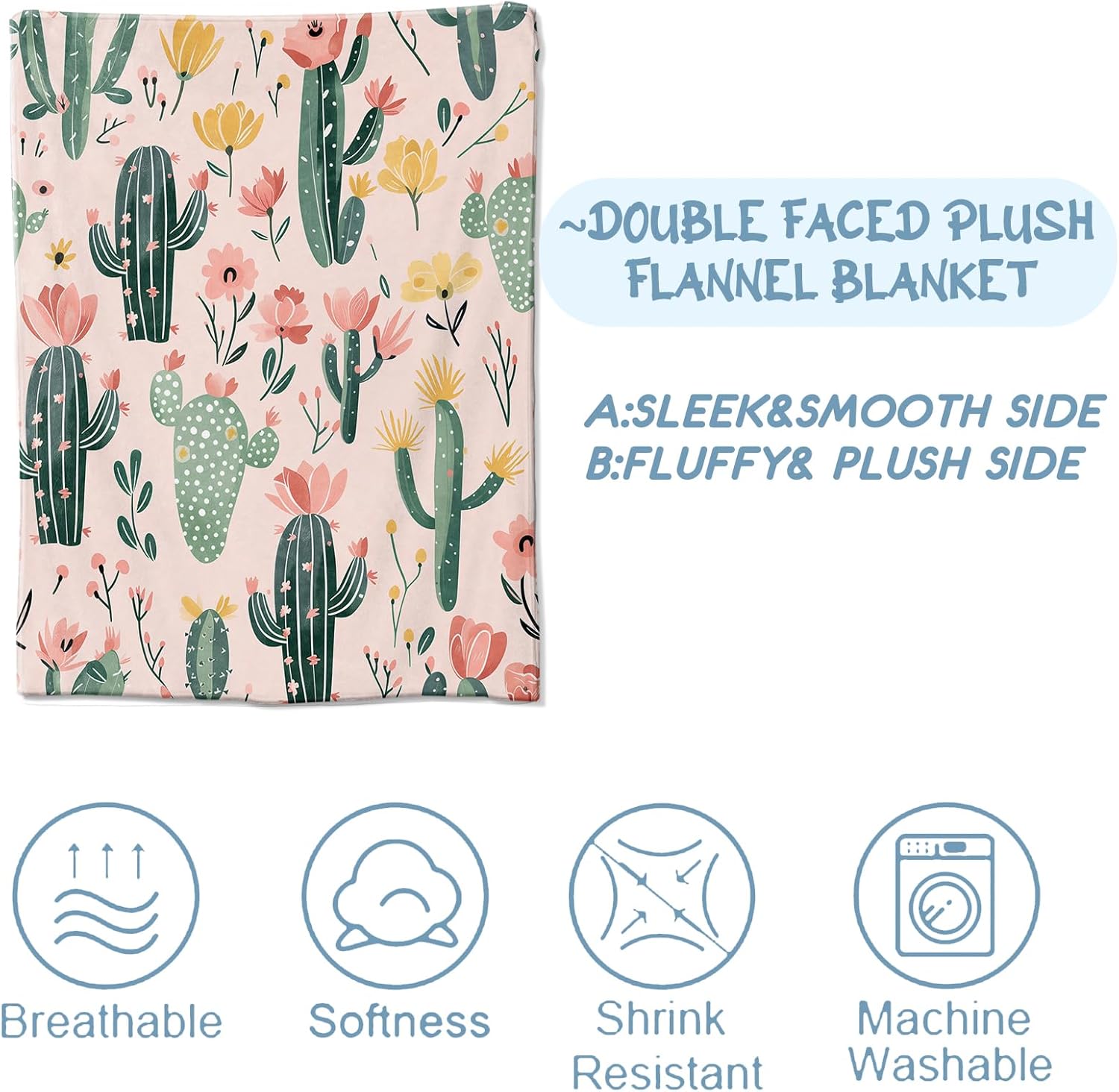 Cactus and Wildflower Blanket,Gifts for Women Teens,Lightweight Flannel Throw Blankets,Cute Illustration with Light Pink Background Throws Home Decor,for Couch Living Room Office,60x50inch - Image 4
